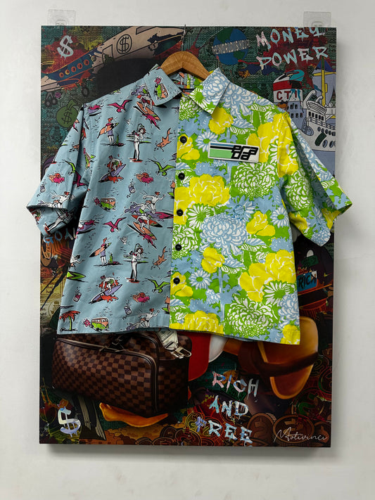 Prada Double Match Button Up Blue Yellow Used Medium