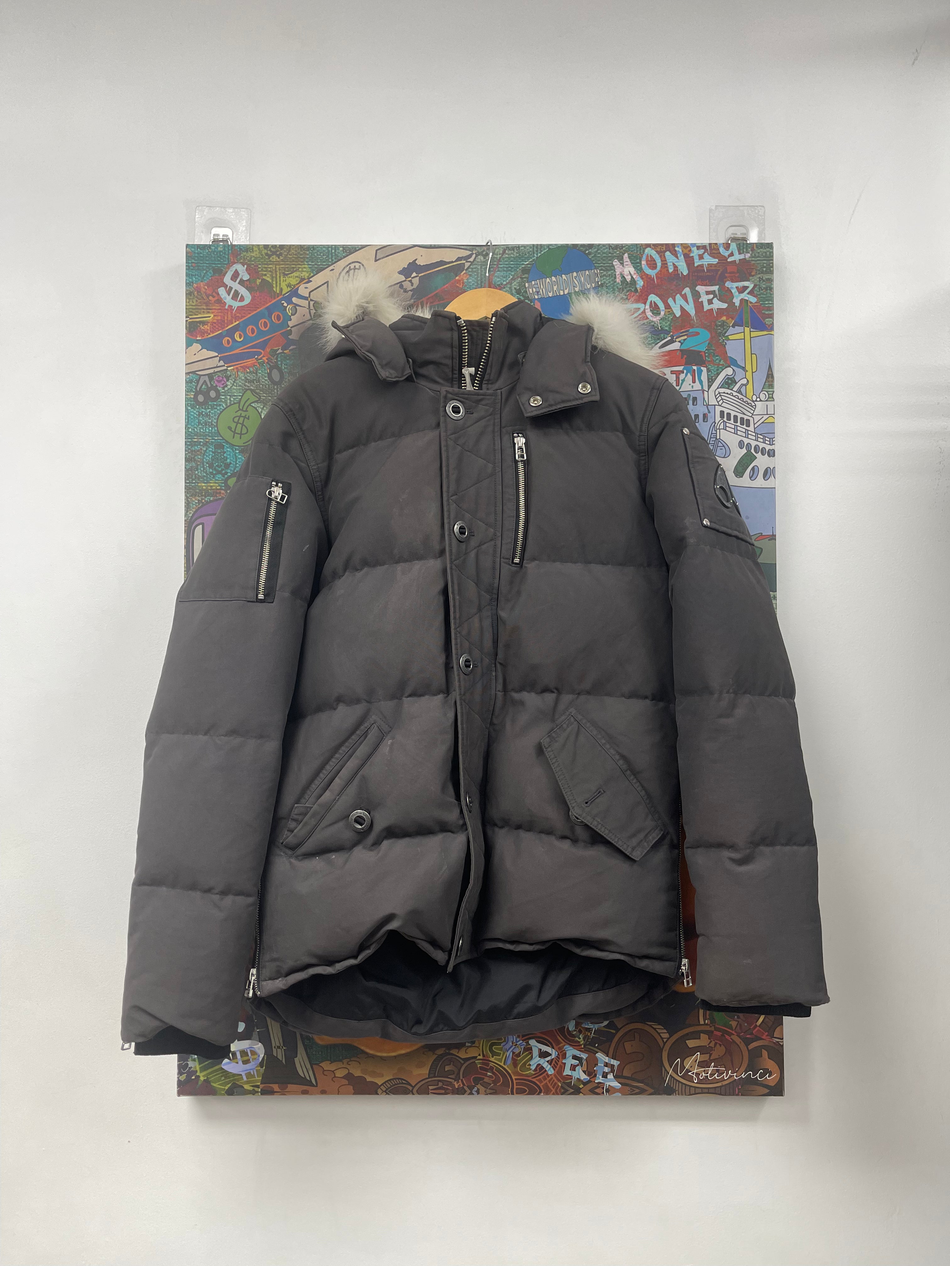 Moose Knuckles Grey White Fur Bomber Jacket