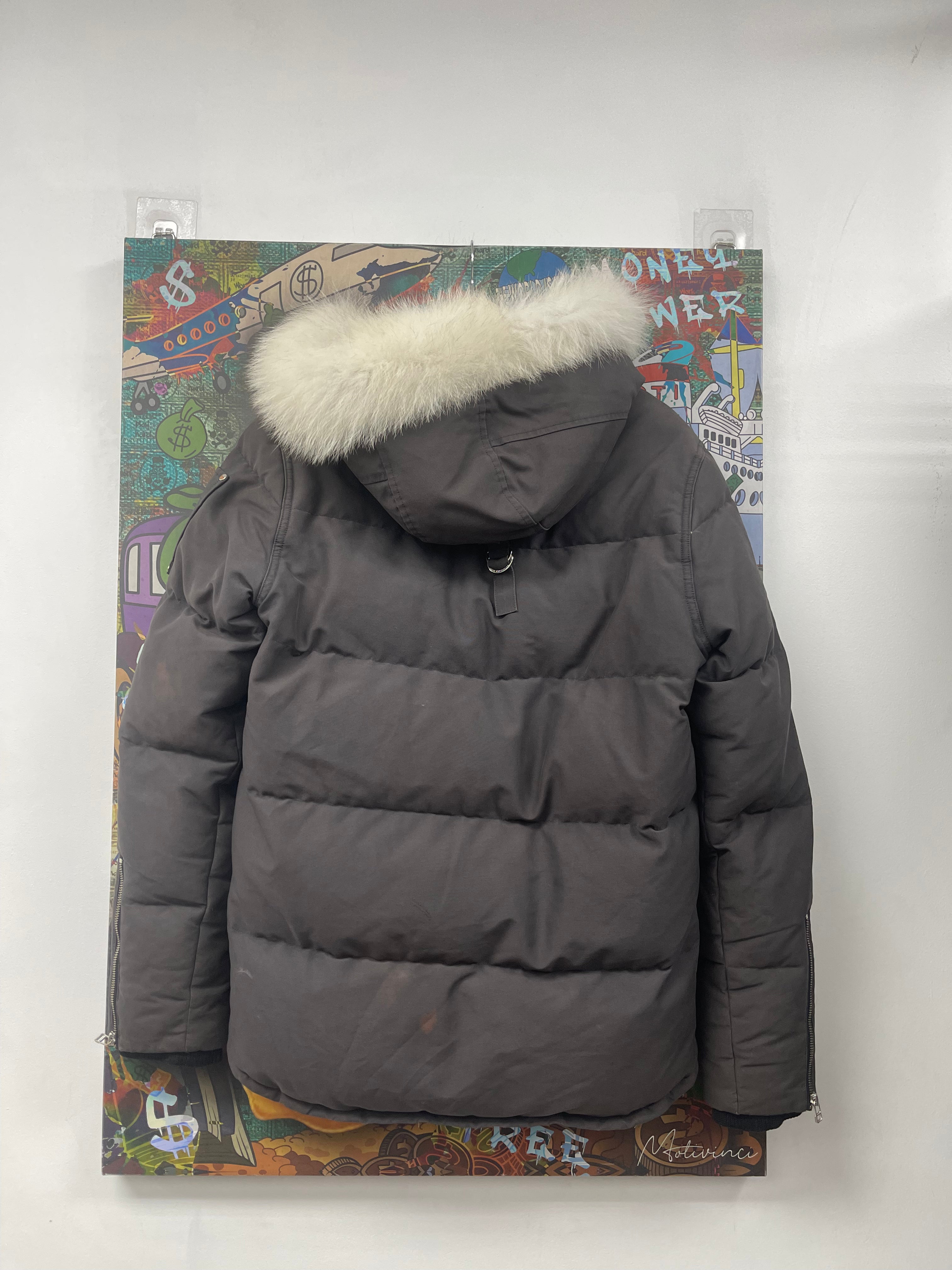 Moose Knuckles Grey White Fur Bomber Jacket