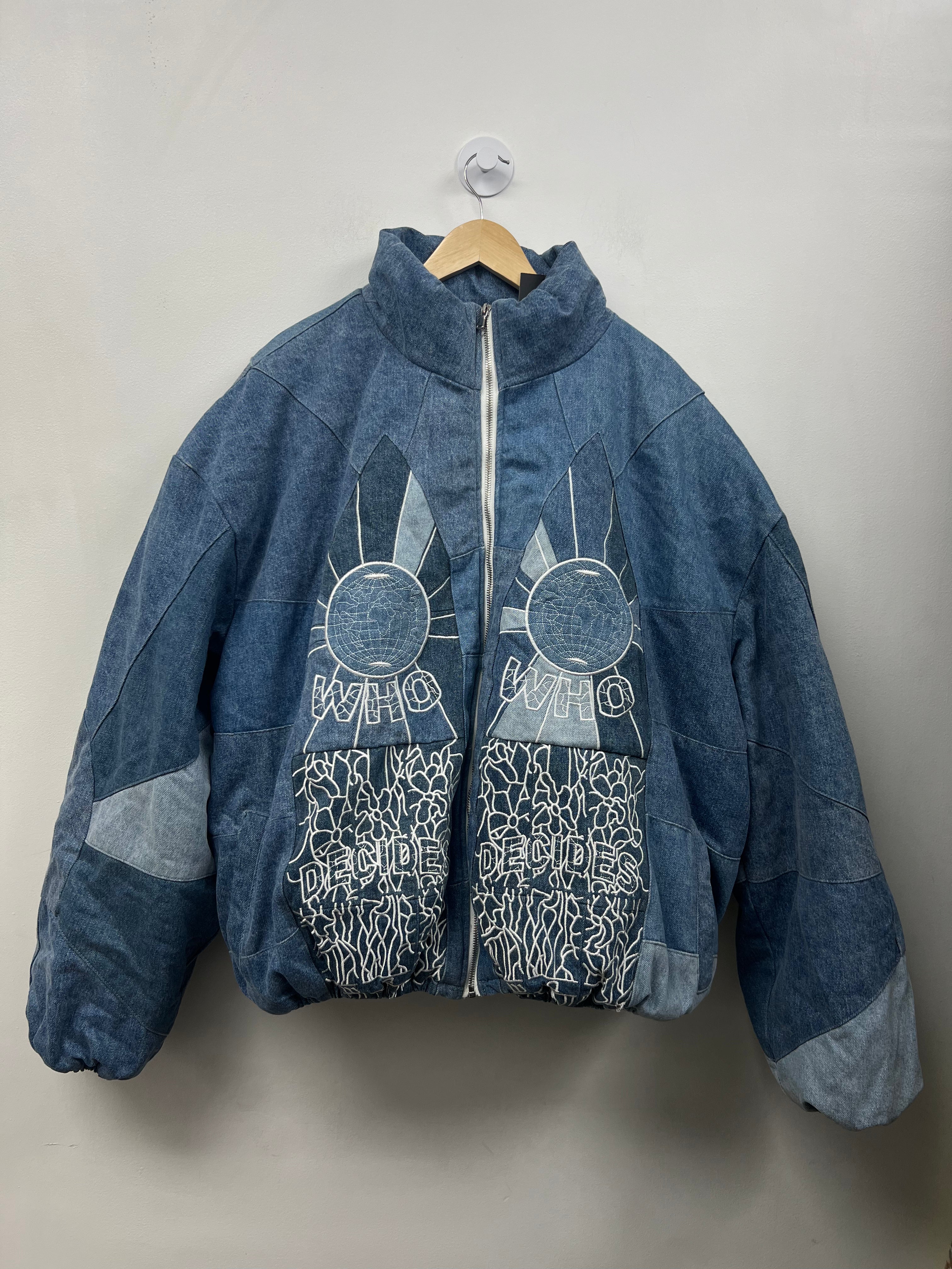 Who Decides War Denim Embroidered Puffer Jacket