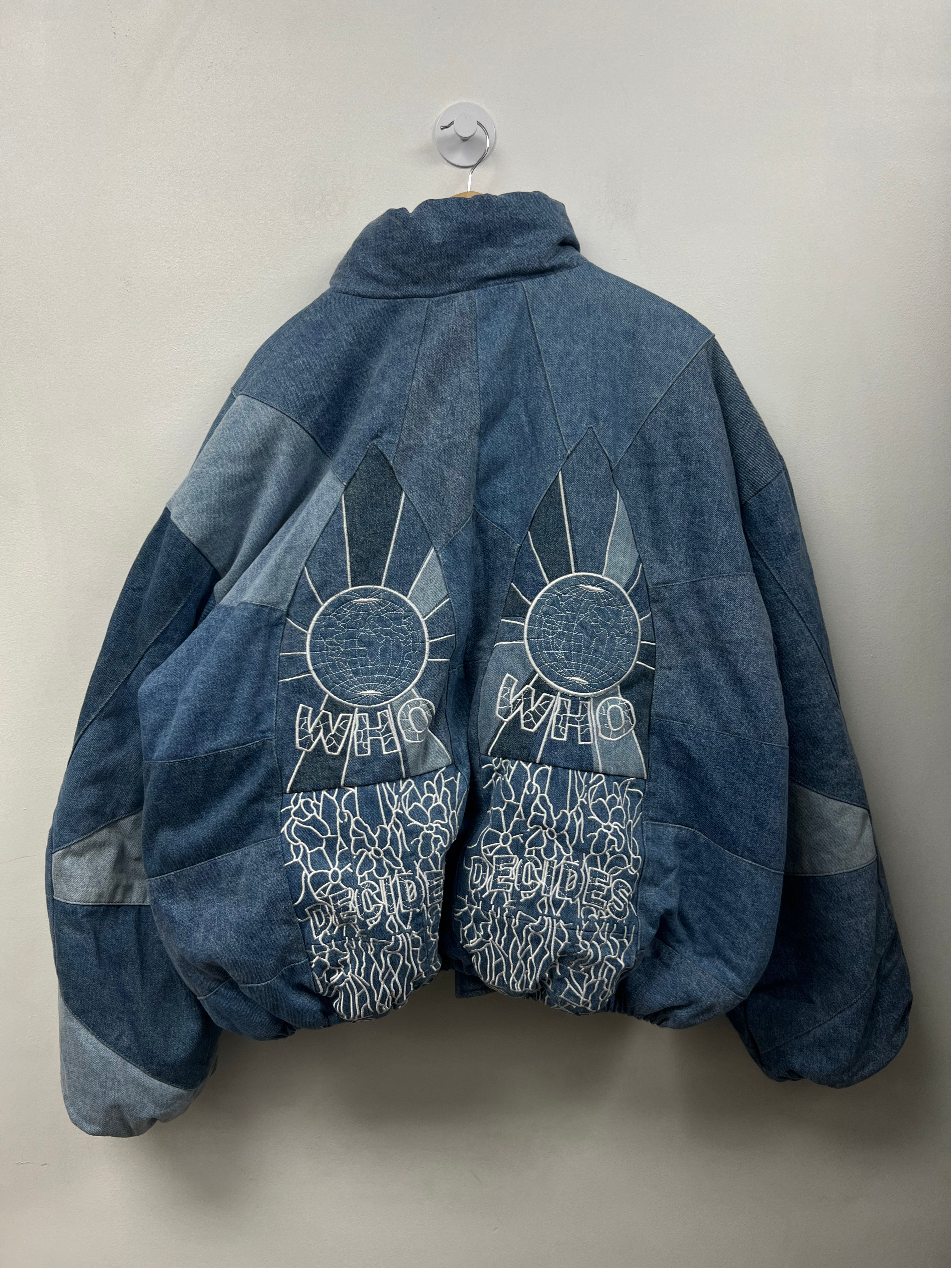 Who Decides War Denim Embroidered Puffer Jacket