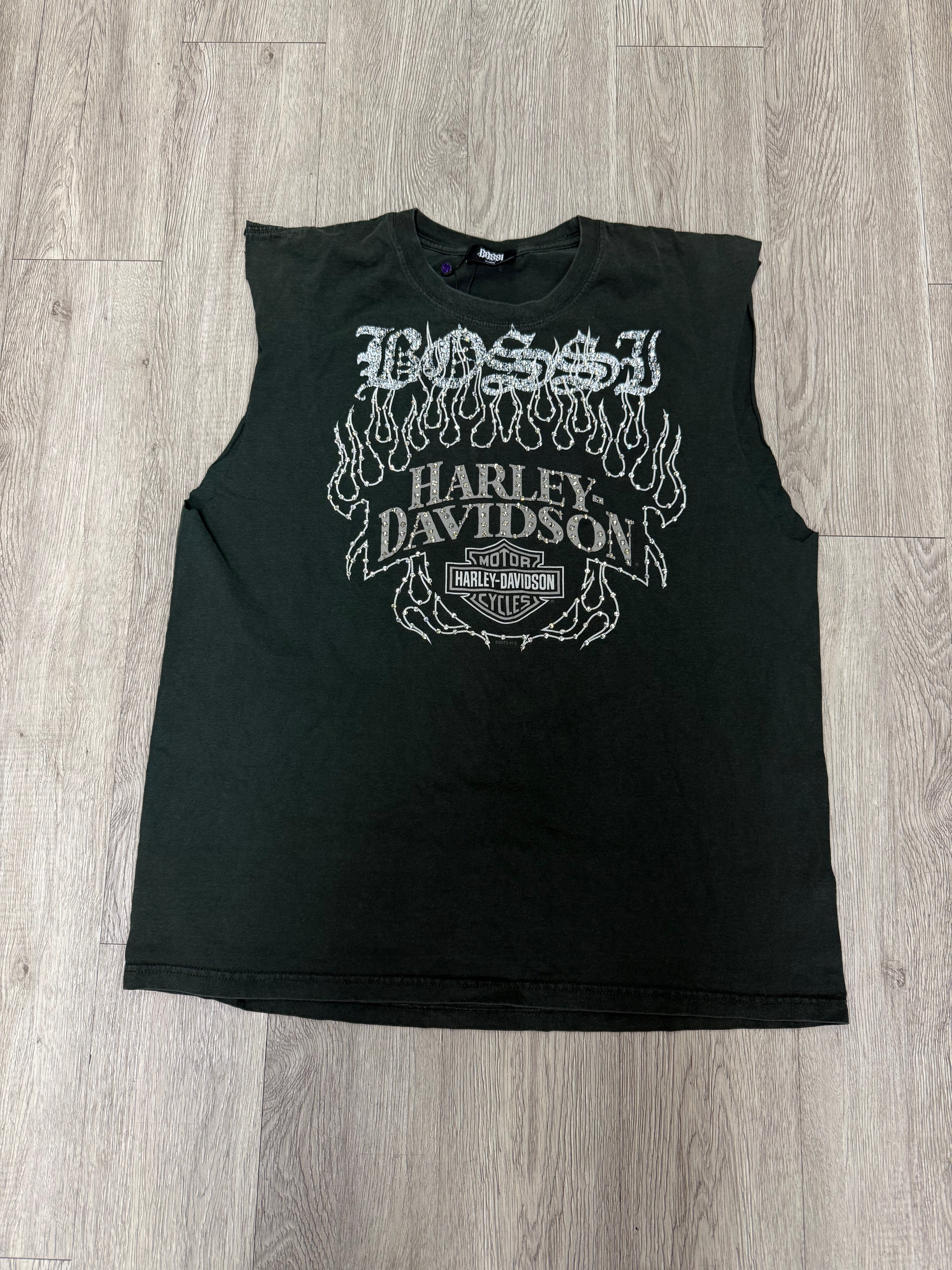 Bossi Green Harley Davidson Rhinestone Sleeveless Tee