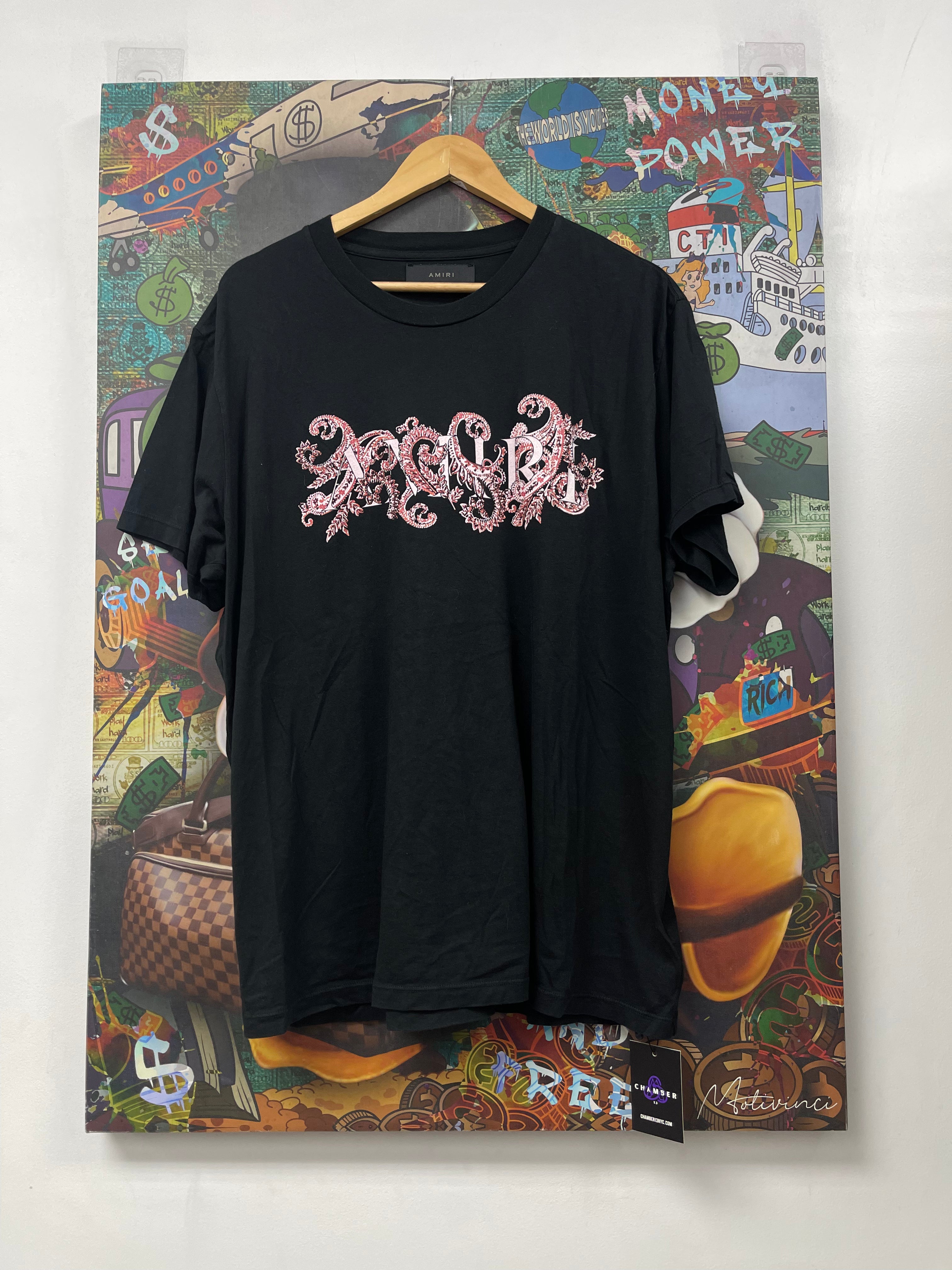 Amiri Black Red Pink Paisley Logo Tee