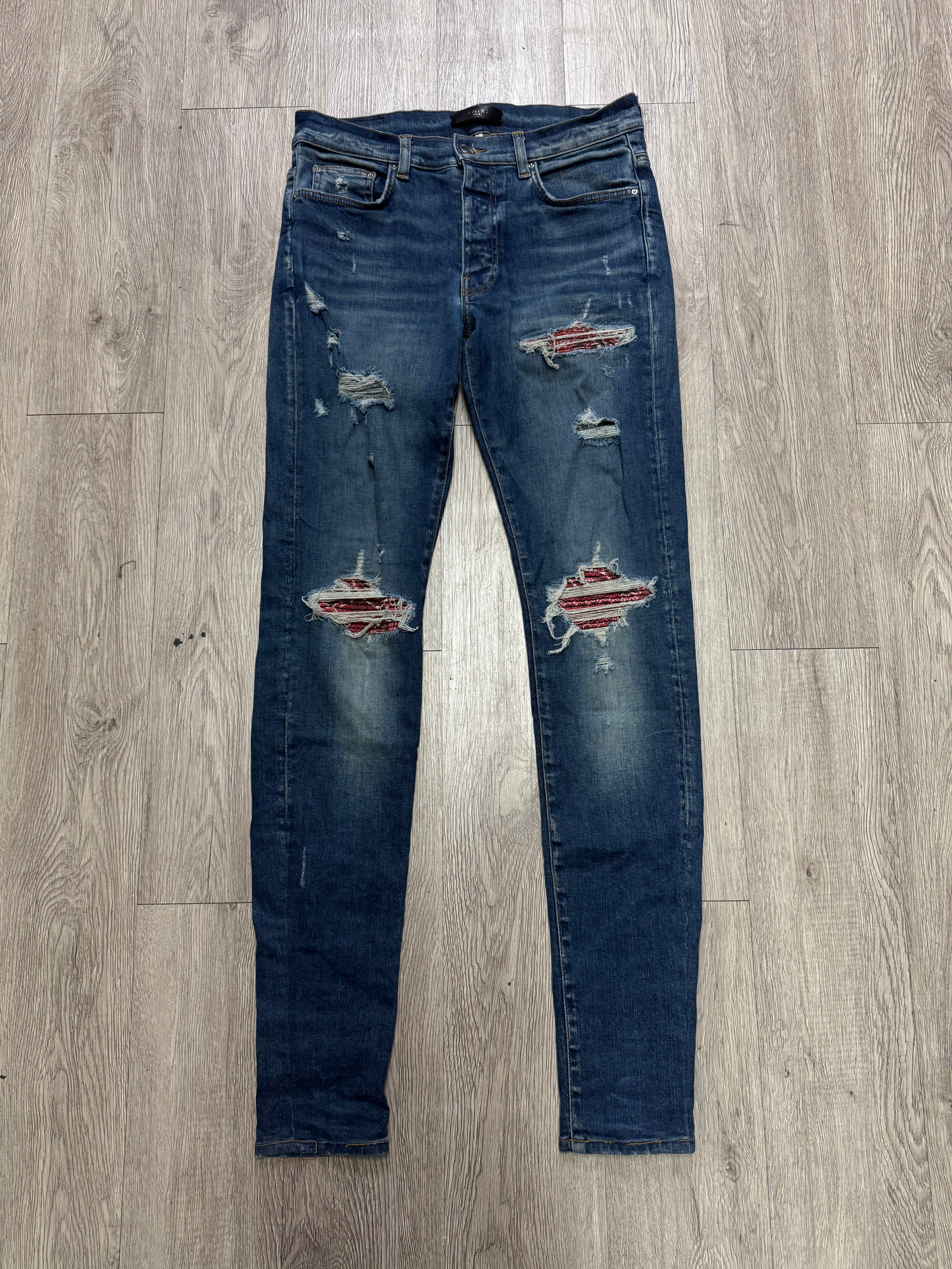 Amiri MX1 Blue Red Paisley Patch Jeans