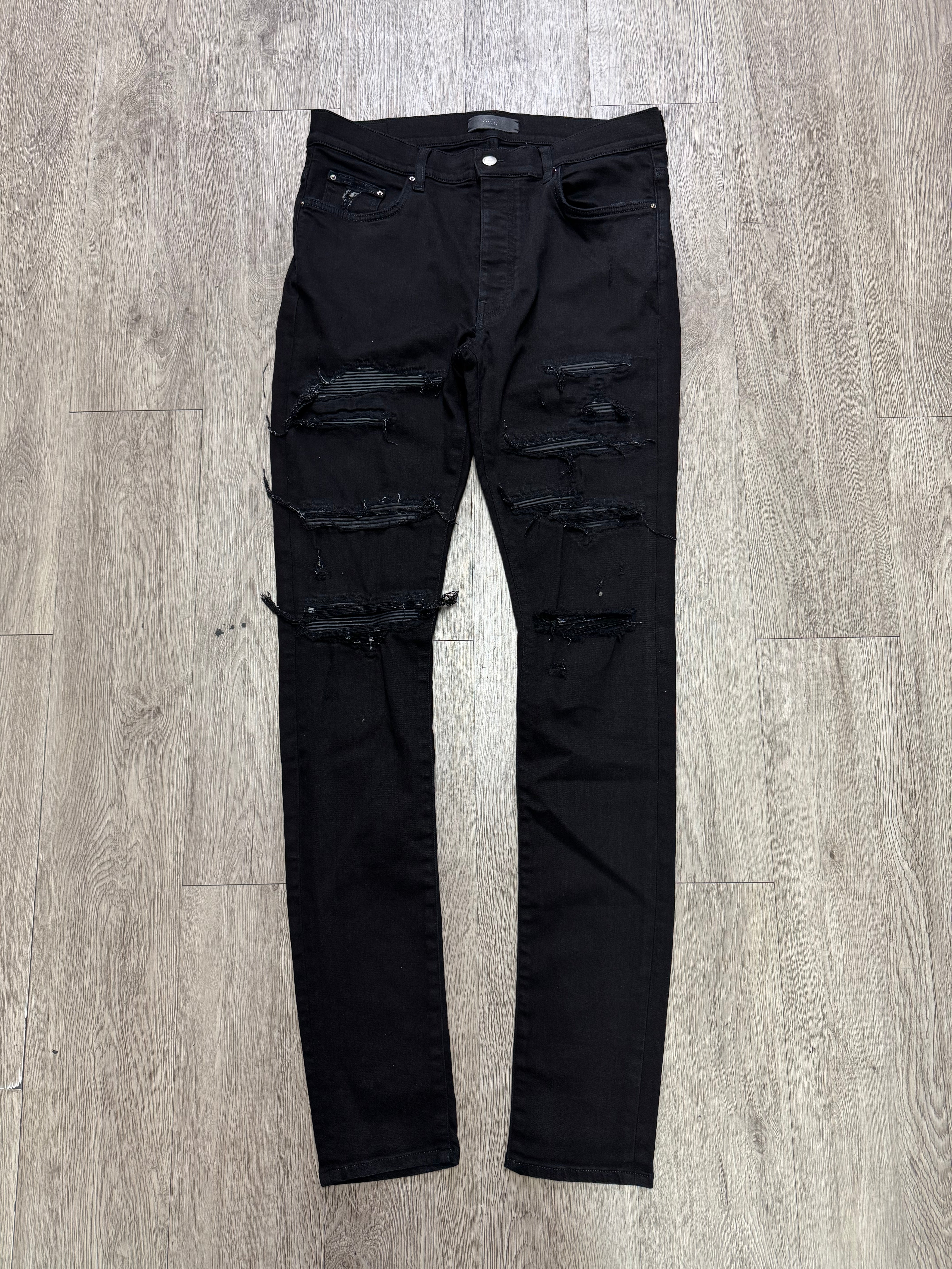 Amiri Black Leather Thrasher Patch Jeans