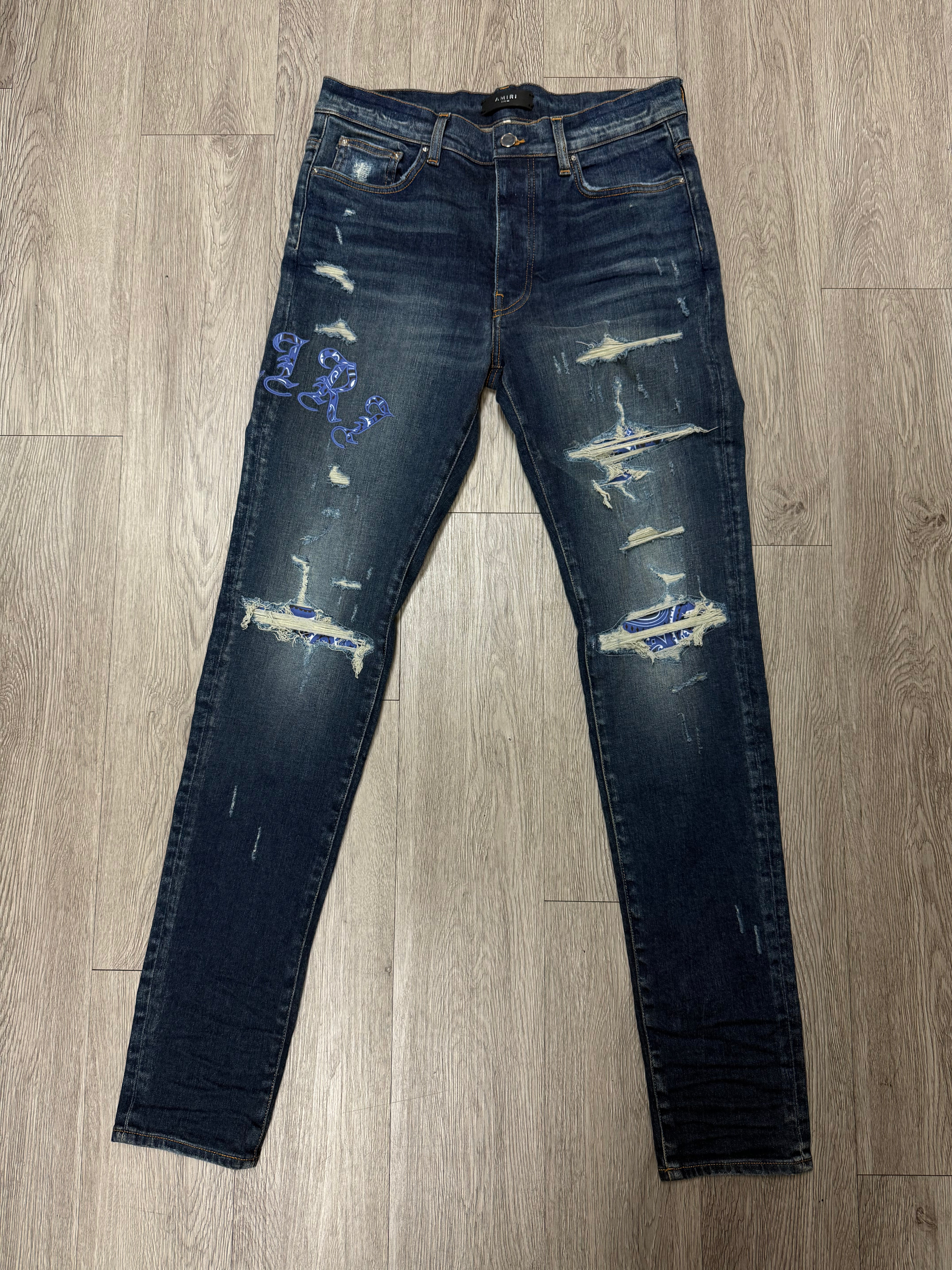 Amiri Dark Wash Blue Paisley Old English Jeans