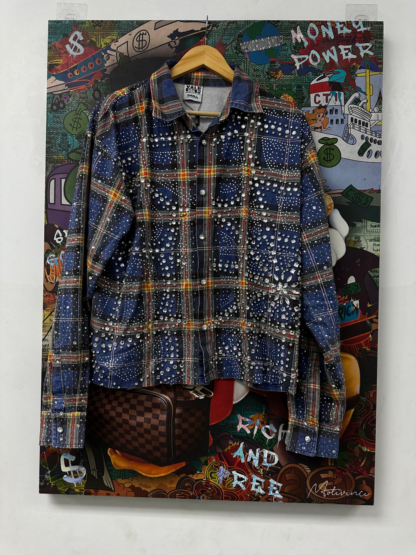 VALE Rhinestone Flannel Blue Red Yellow New Small With Tags