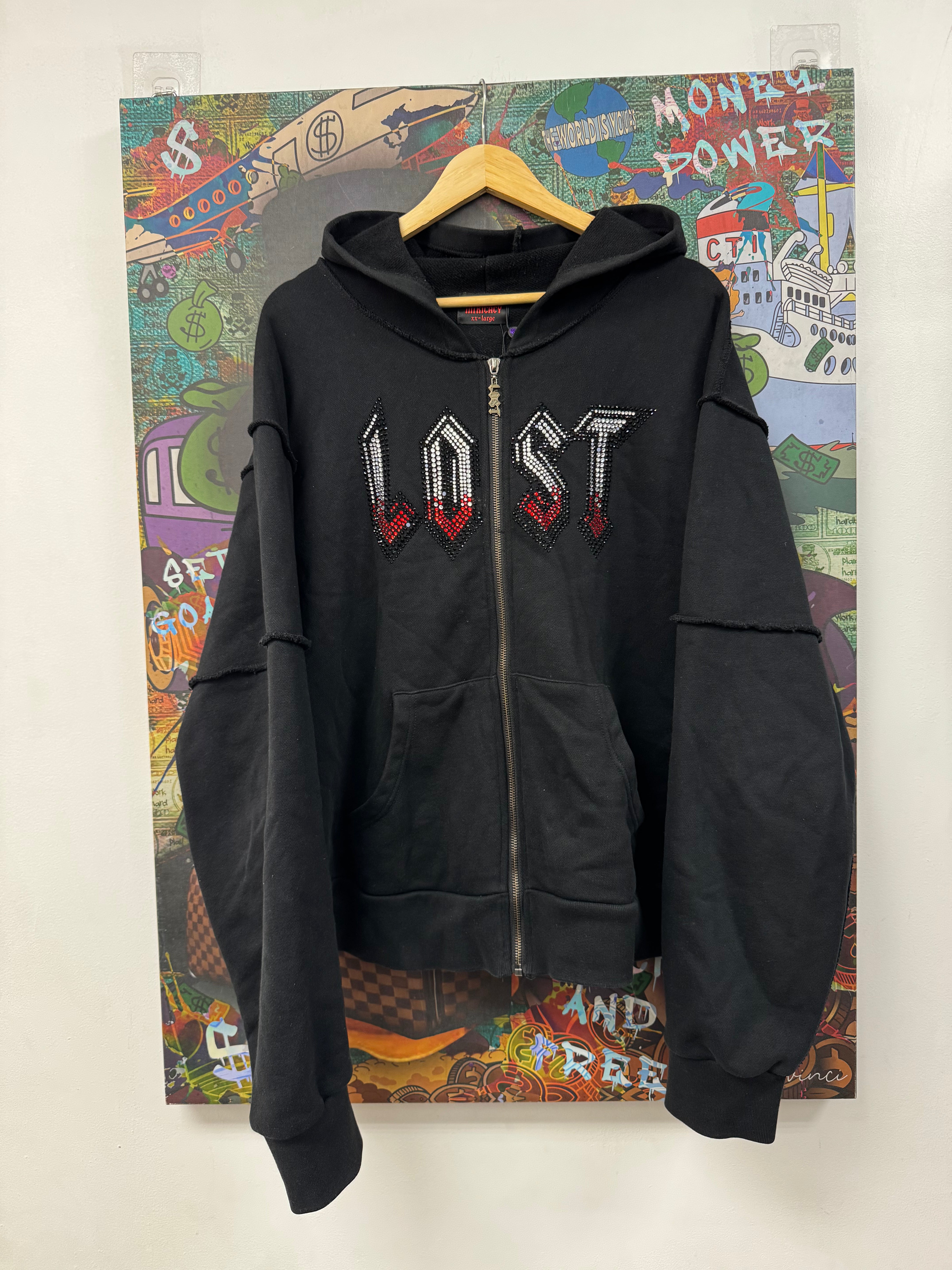 Lost Intricacy Black Red Rhinestone Zip Up Hoodie