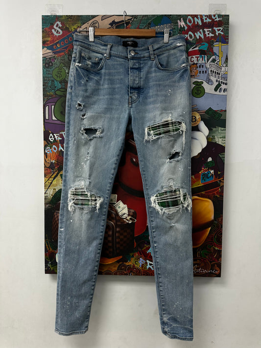 Amiri MX1 Light Wash Green Plaid Patch Used 36