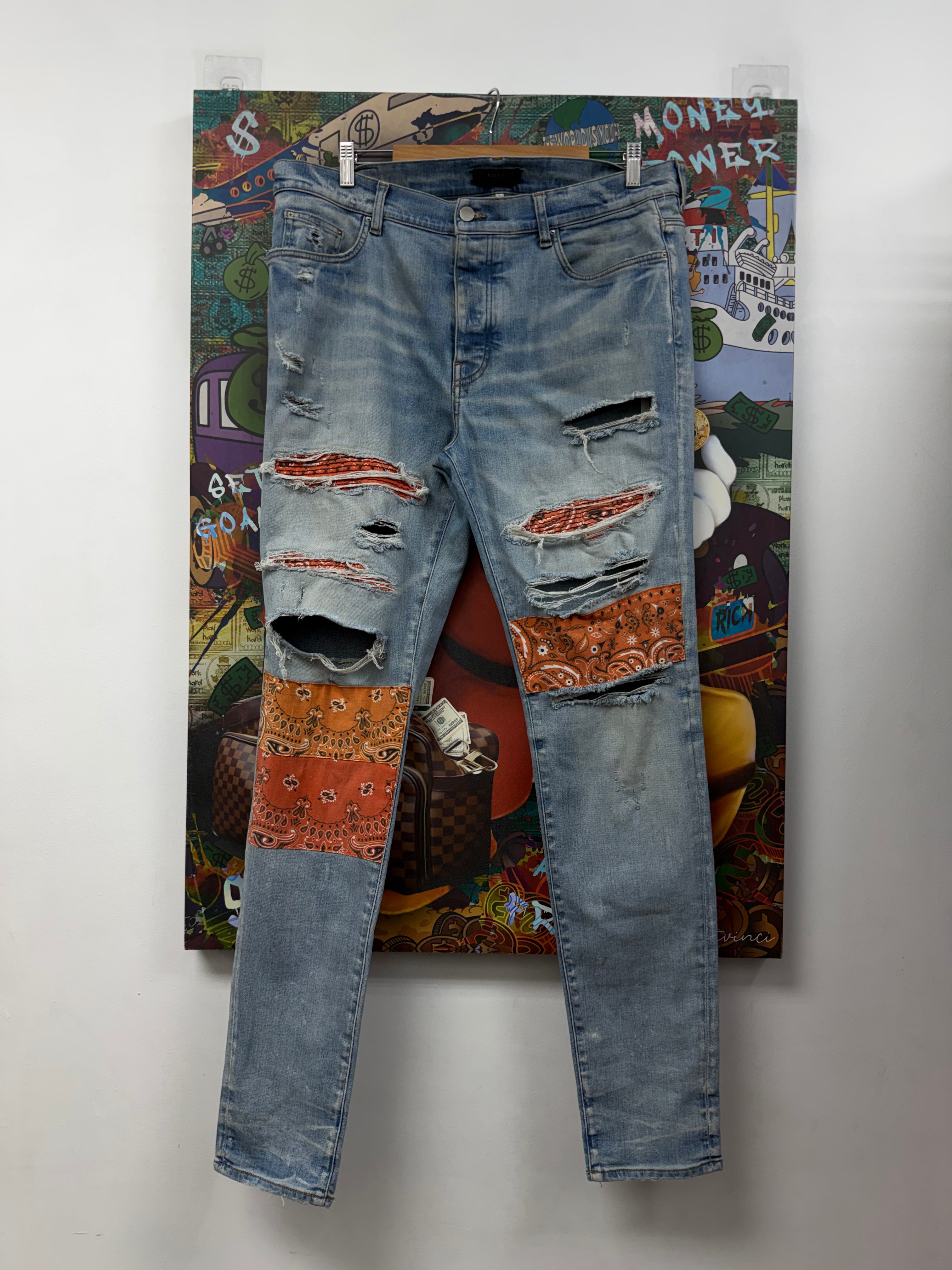 Amiri Light Wash Orange Bandana Patch Jeans