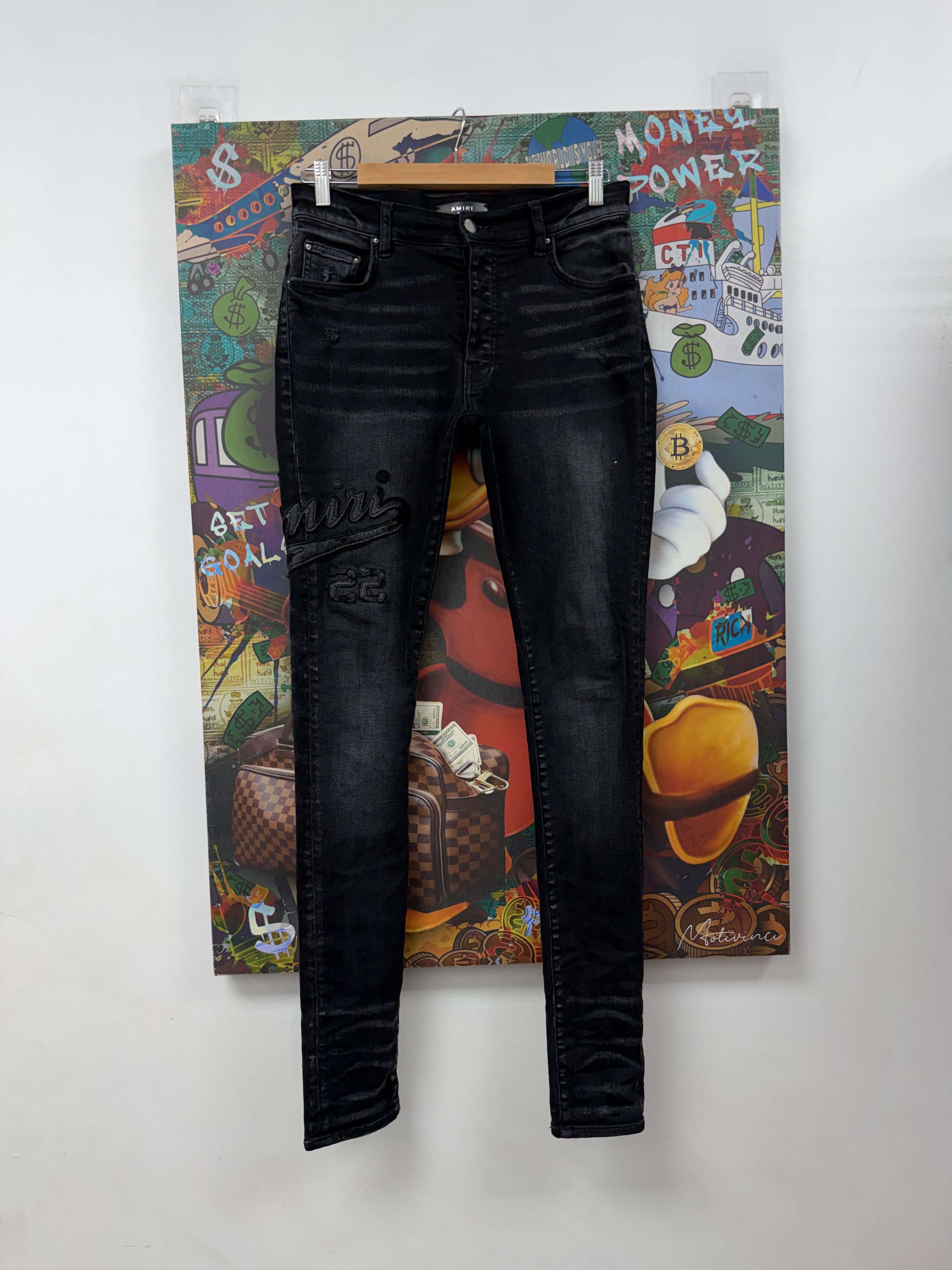 Amiri Black Wash Varsity 22 Logo Jeans