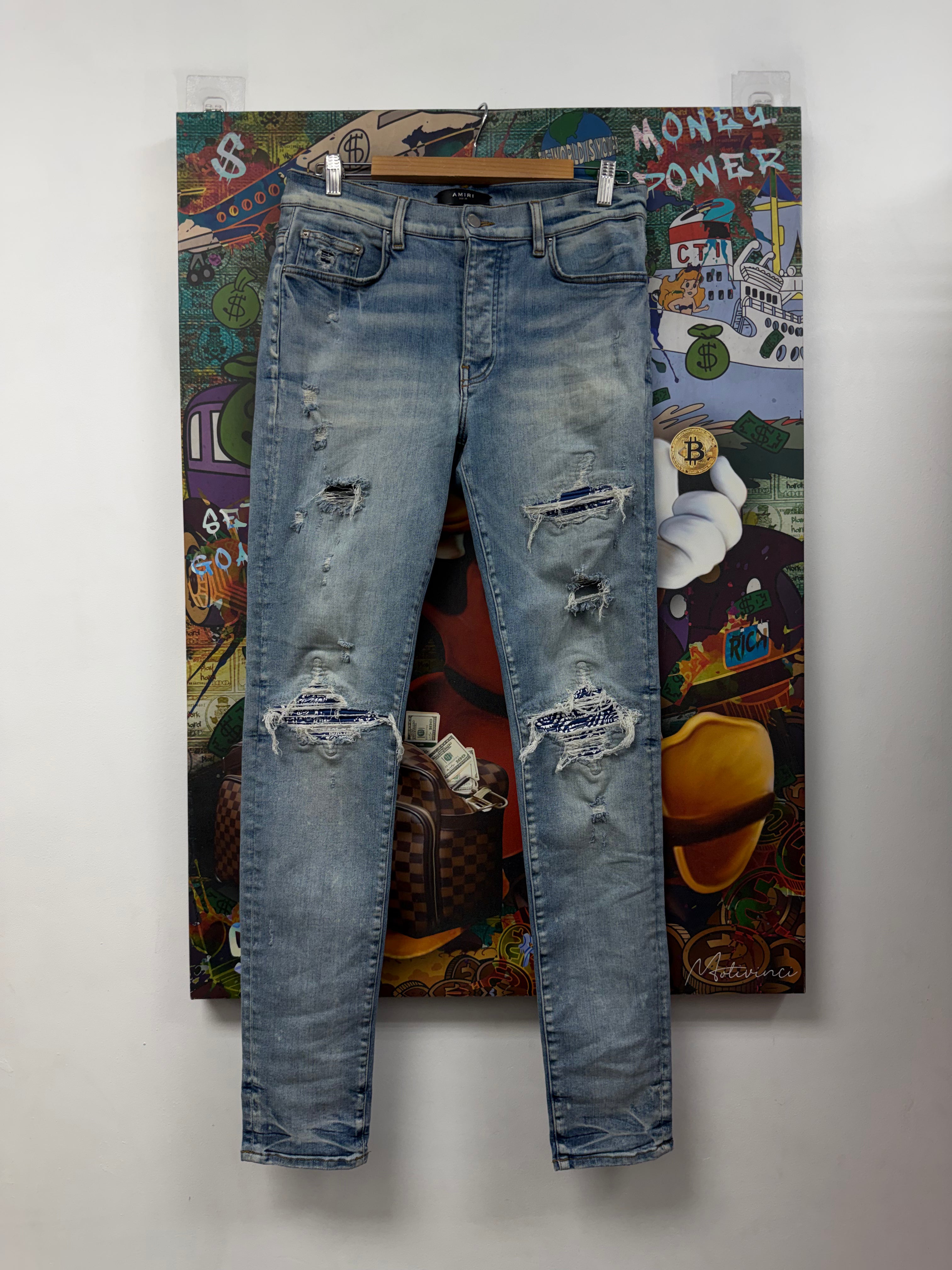 Amiri Mx1 Light Wash Blue Bandana Jeans