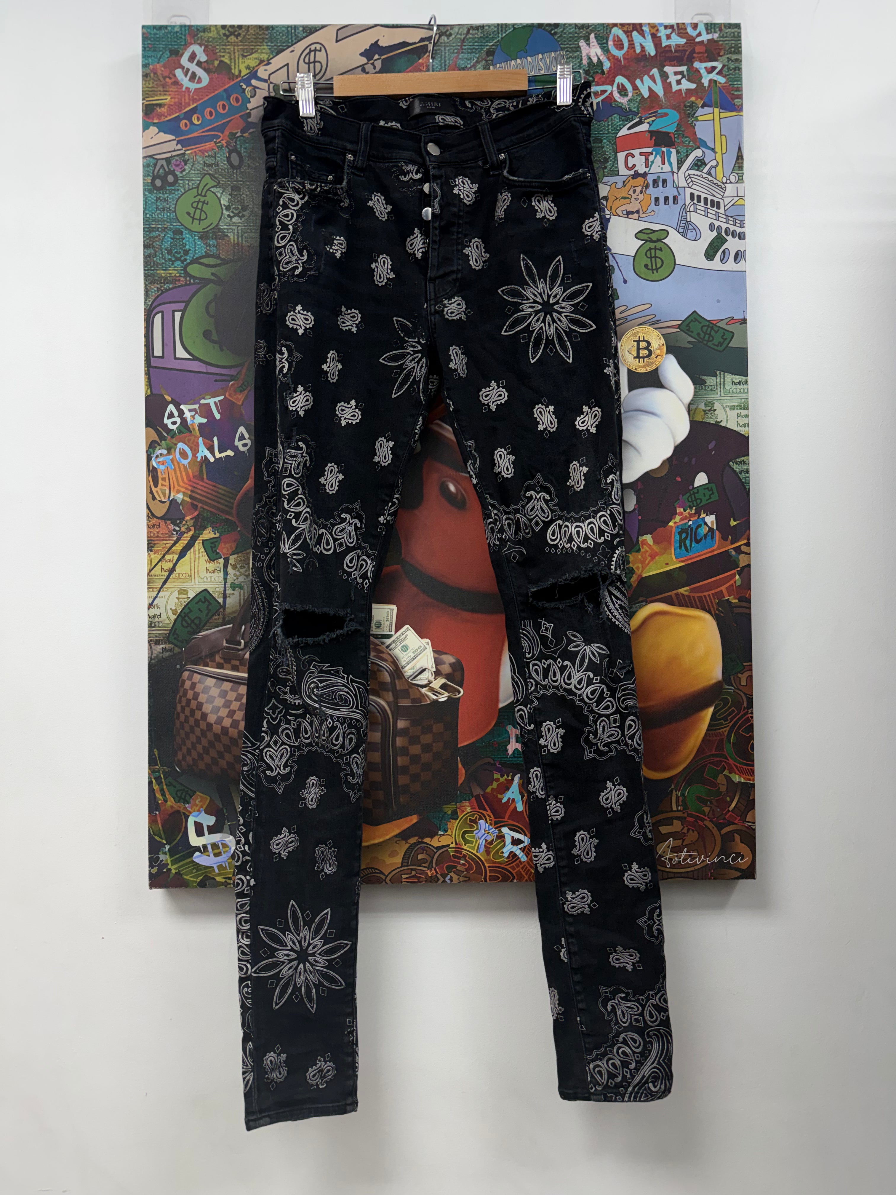 Amiri Black Wash Paisley Flocked Thrasher Jeans