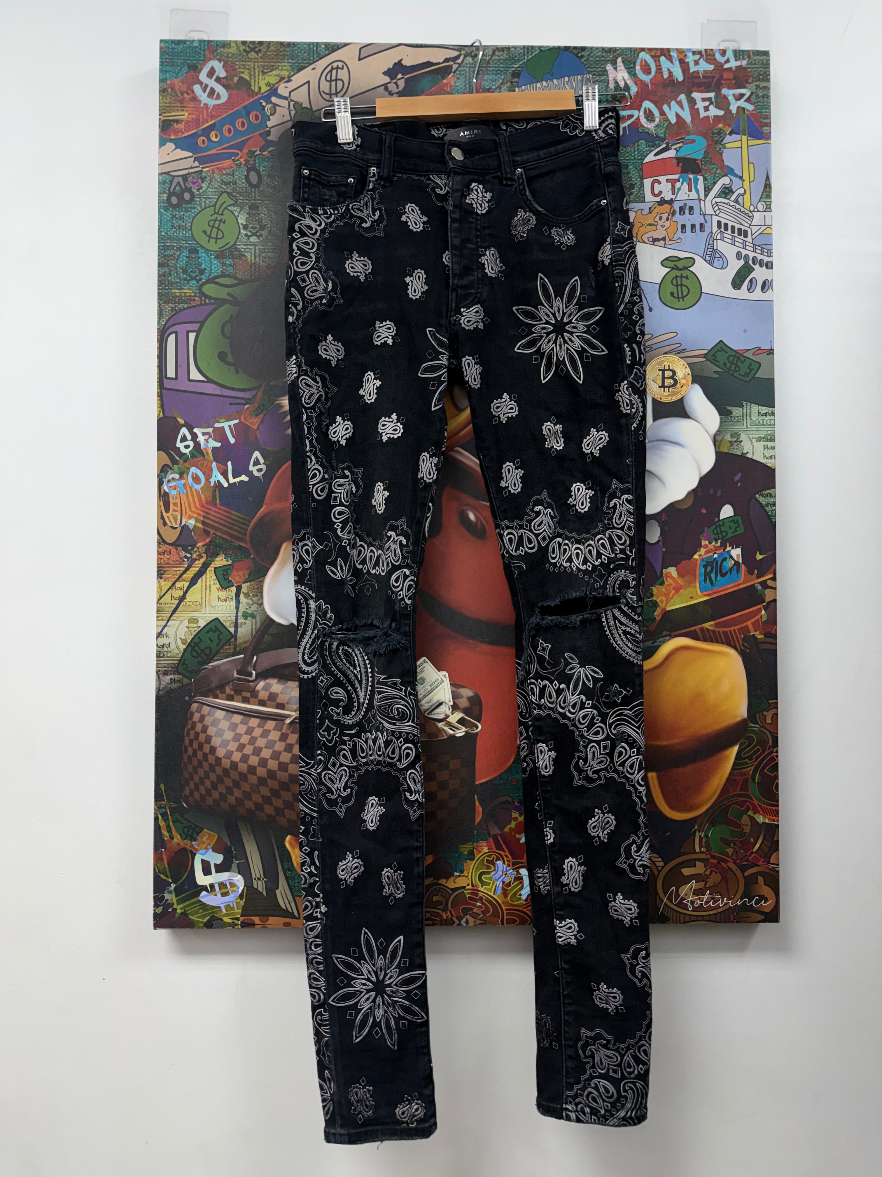 Amiri Black Wash Flocked Paisley Thrasher Jeans