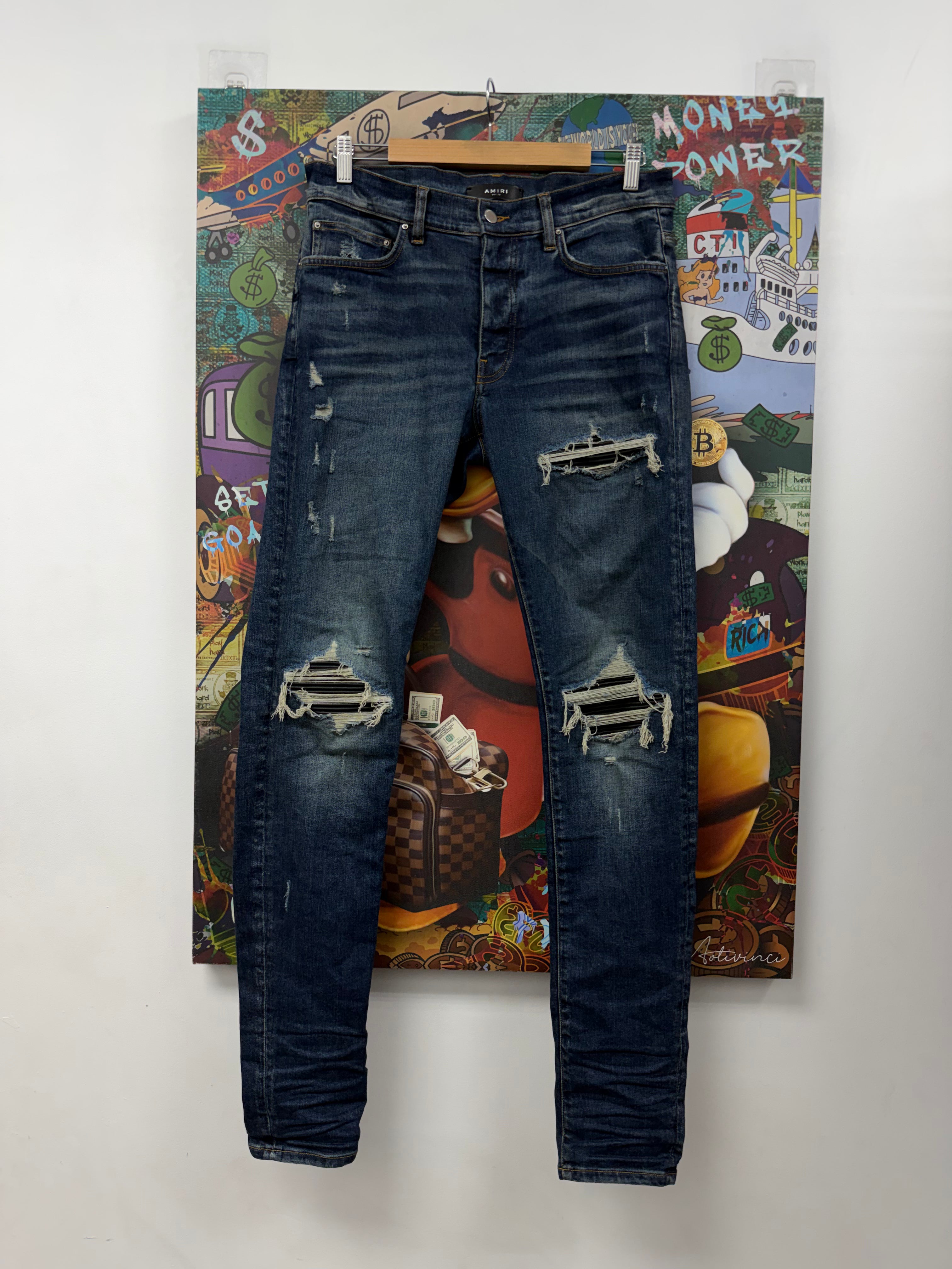 Amiri MX1 Navy Black Leather Patch Jeans