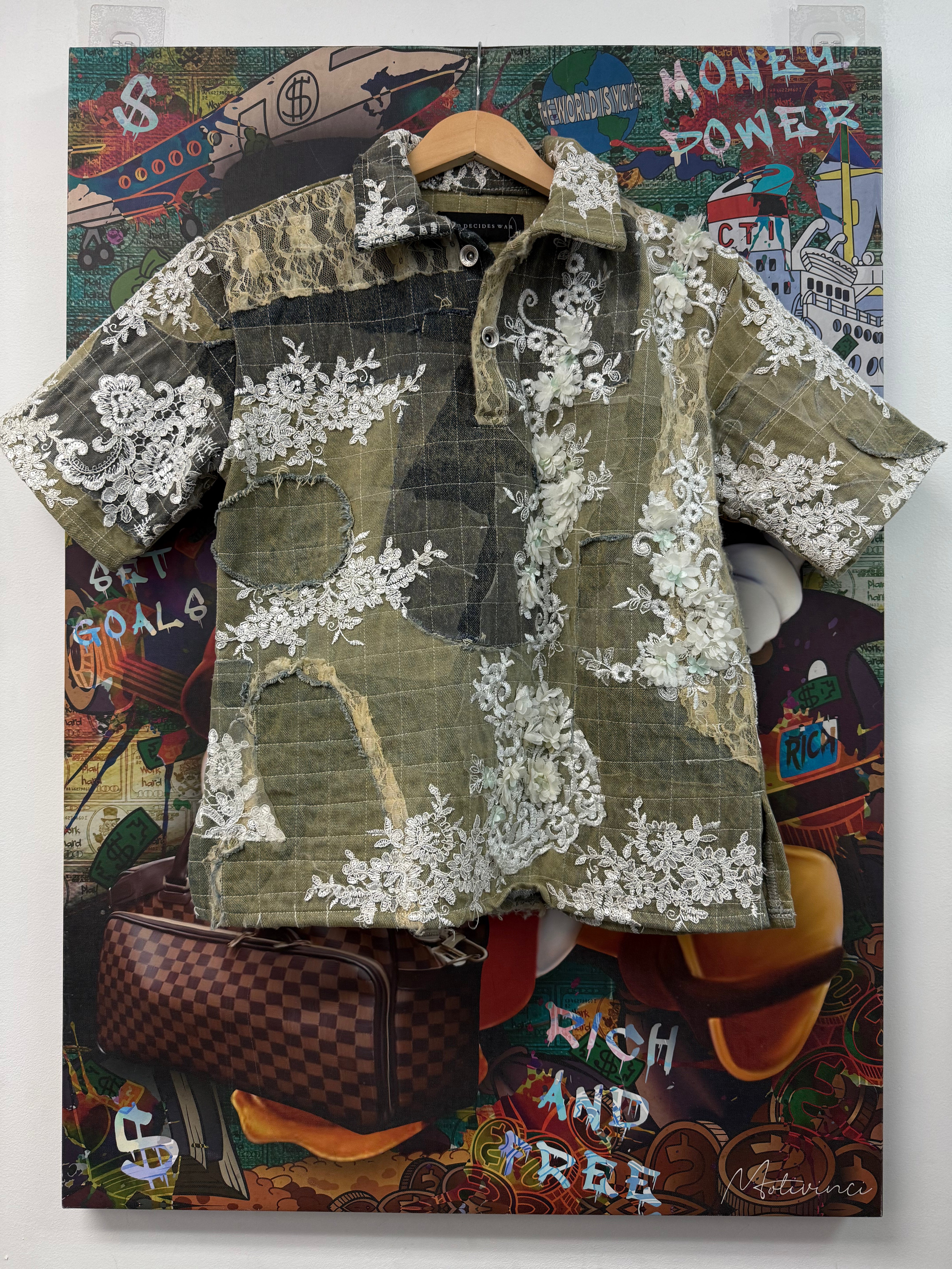 Who Decides War Beige Patchwork Denim Polo Shirt