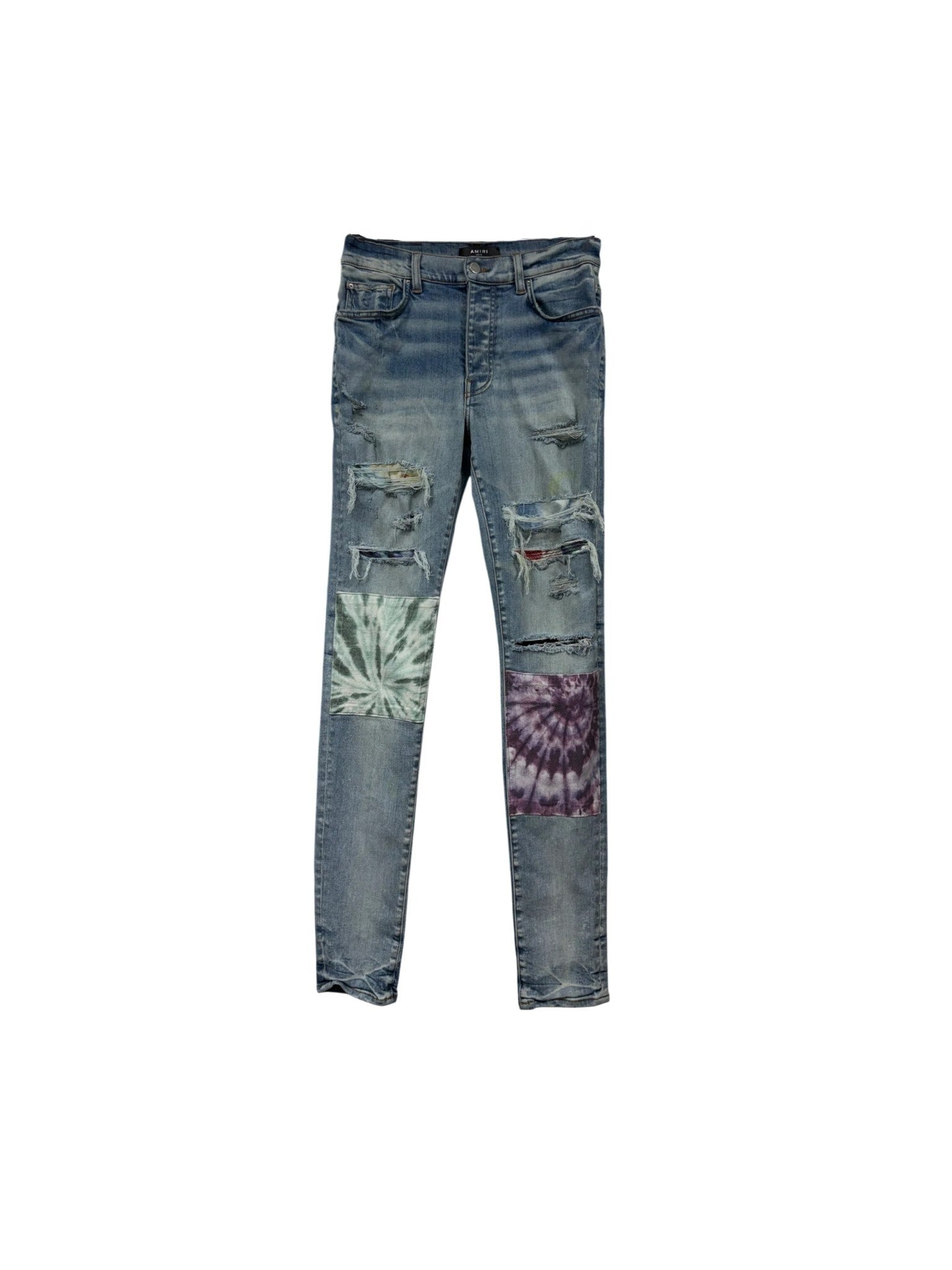 Amiri Tie Dye Patchwork Light Wash Jeans