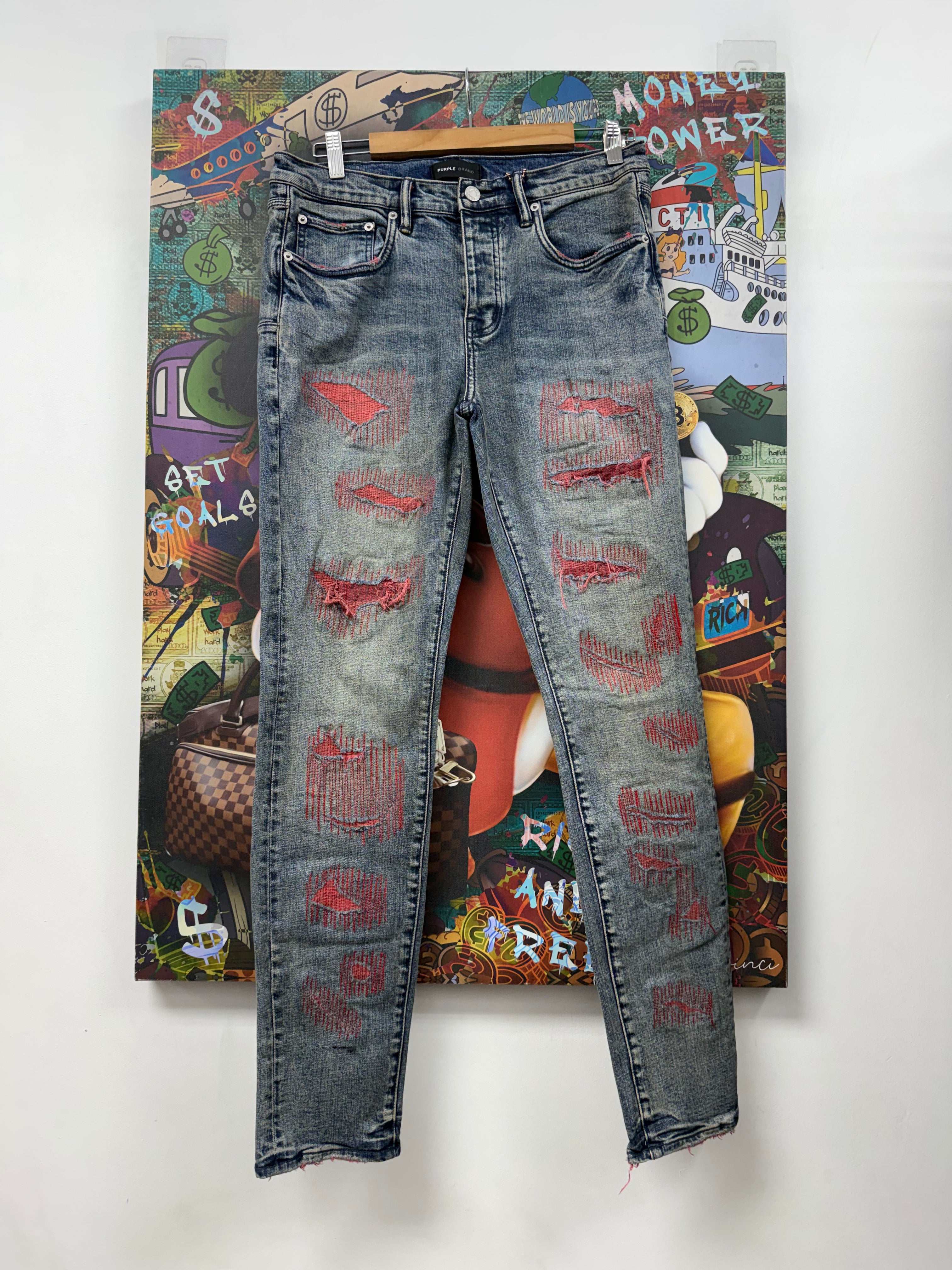 Purple Brand LIght Wash Red Distressed P001 Jeans