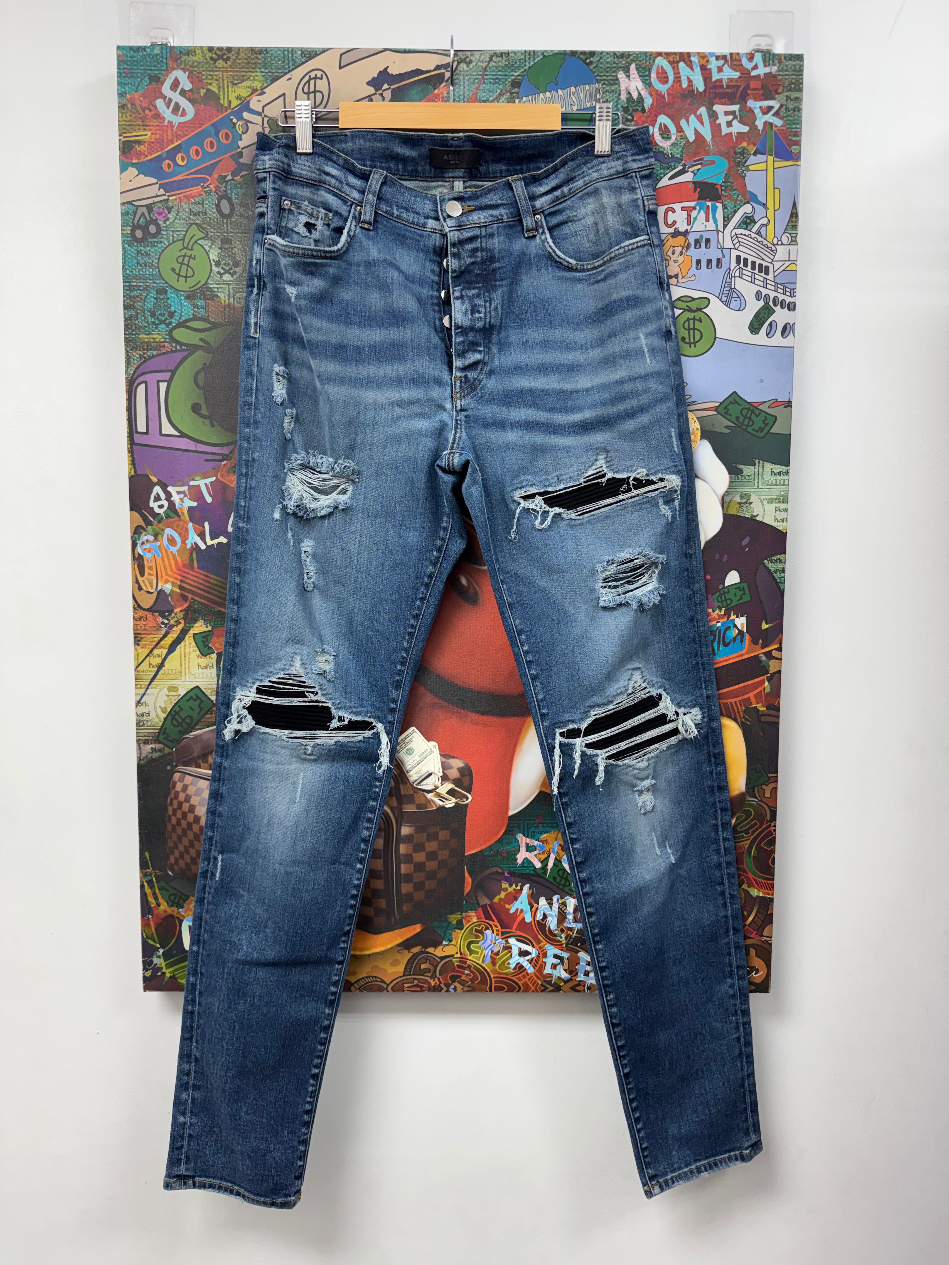 Amiri MX1 Dark Wash Black Suede Patch Jeans