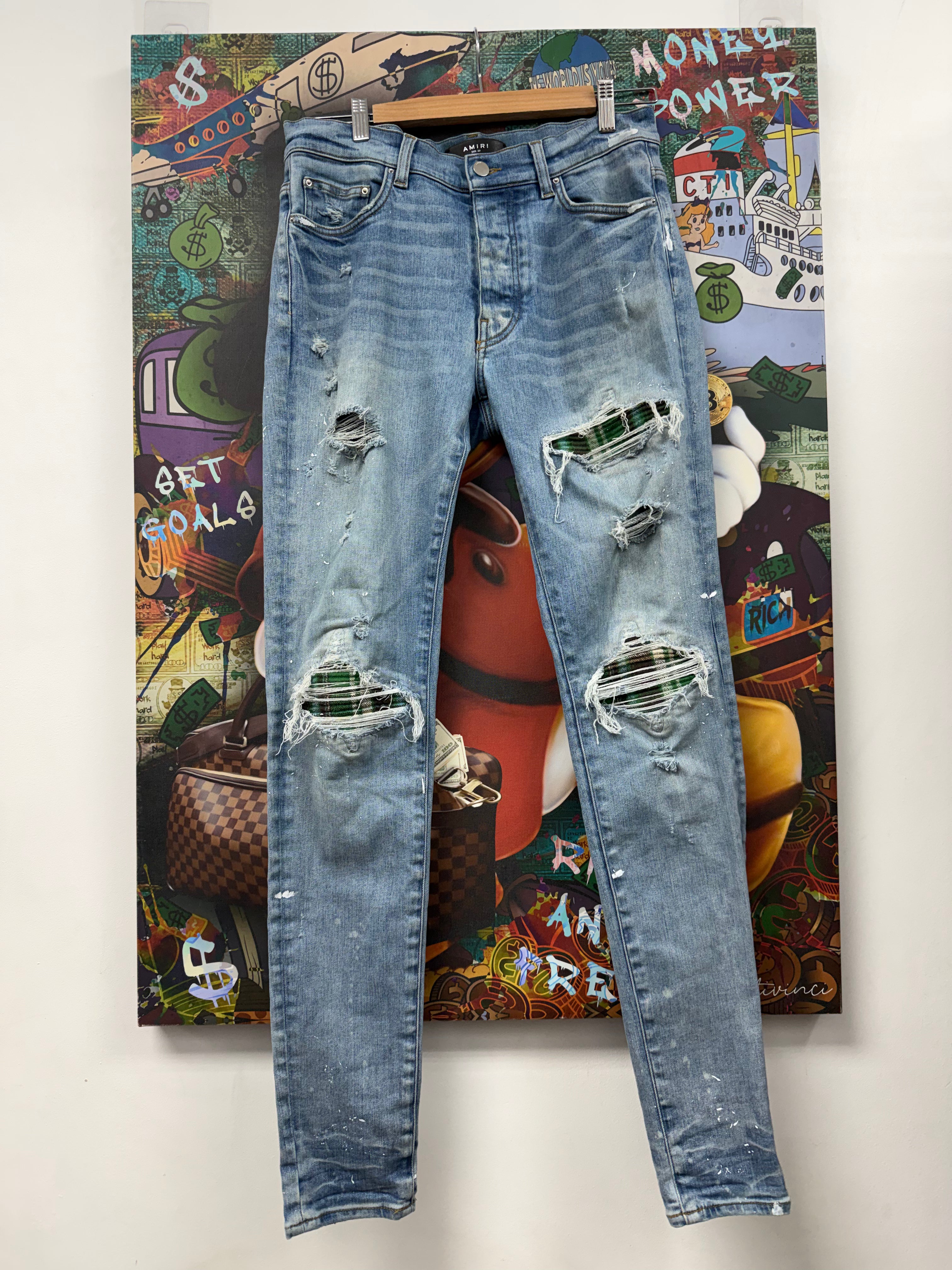 Amiri MX1 Light Wash Green Plaid Patch Jeans