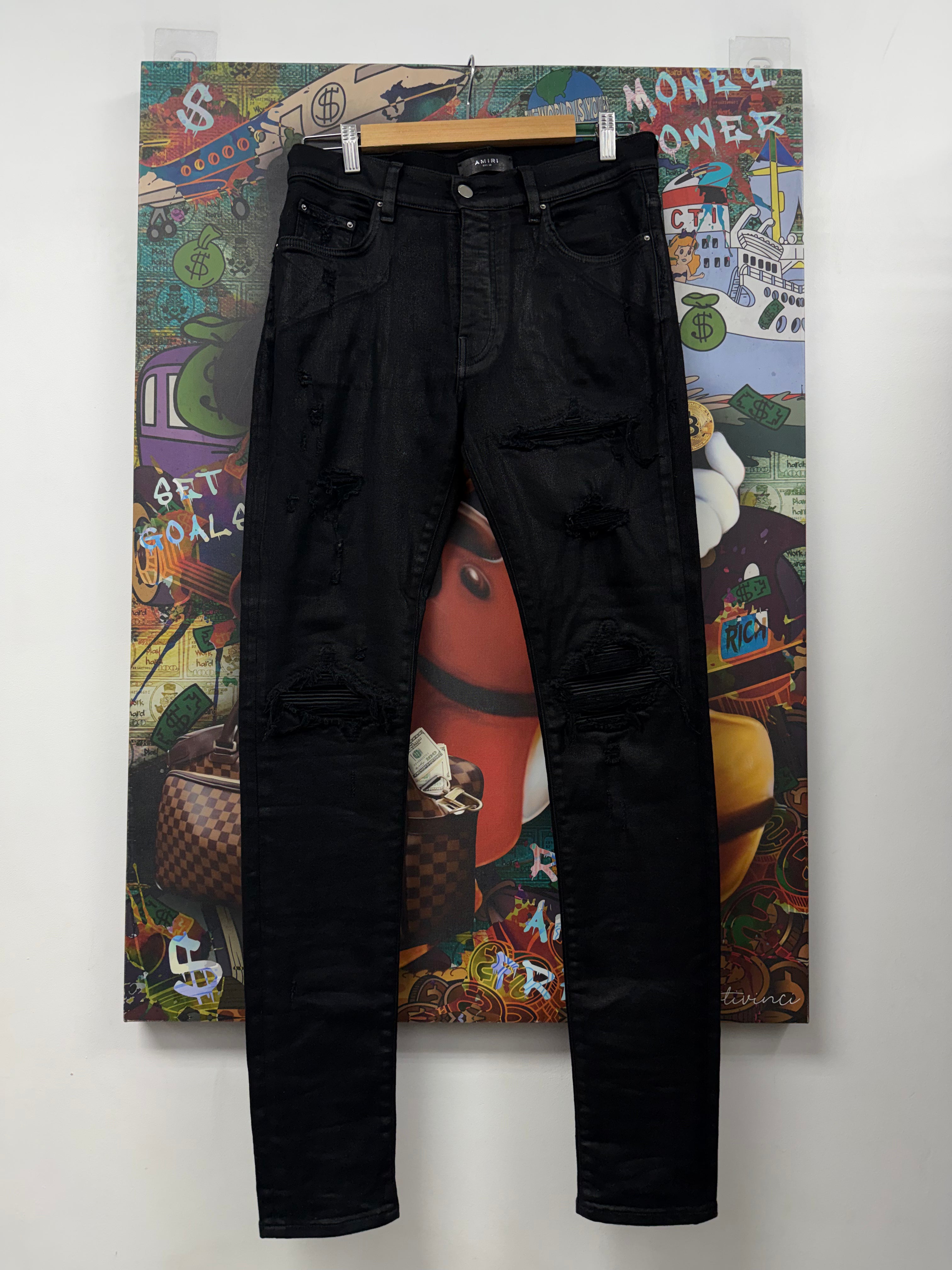 Amiri MX1 Black Black Wax Leather Patch Jeans