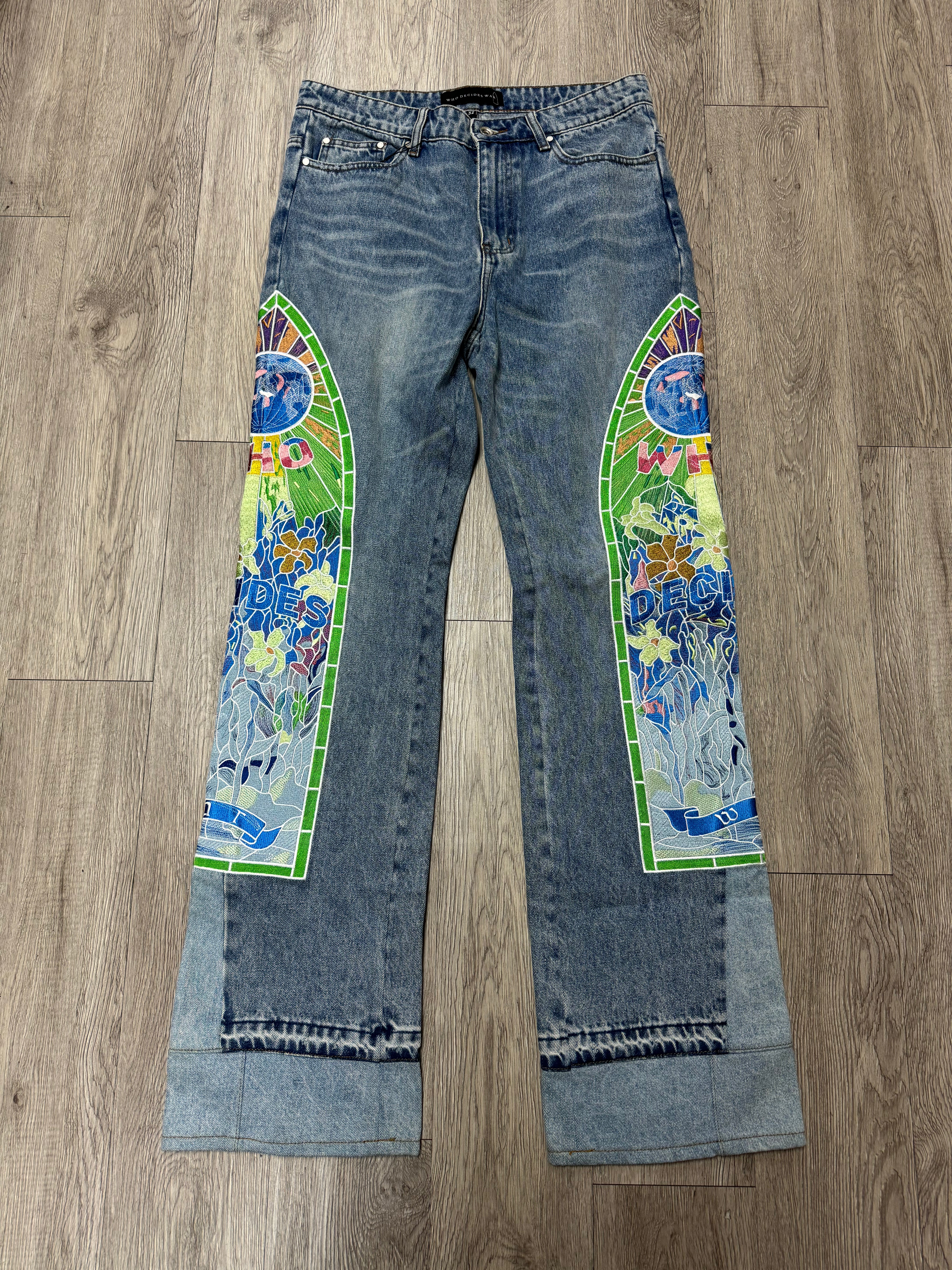 Who Decides War Embroidered Sky Blue Denim Jeans