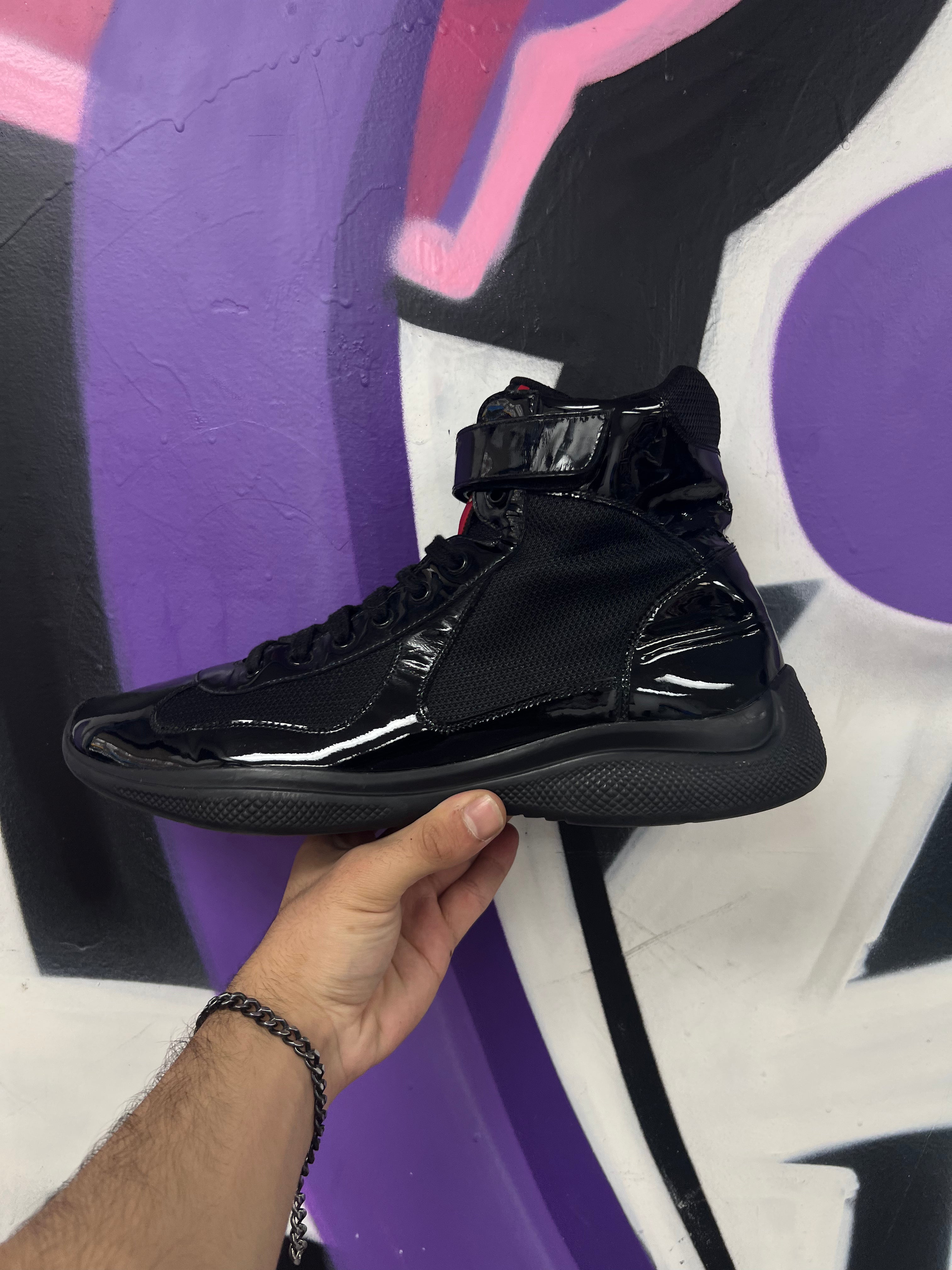 Prada Black Patent Leather Cup Hi Sneakers