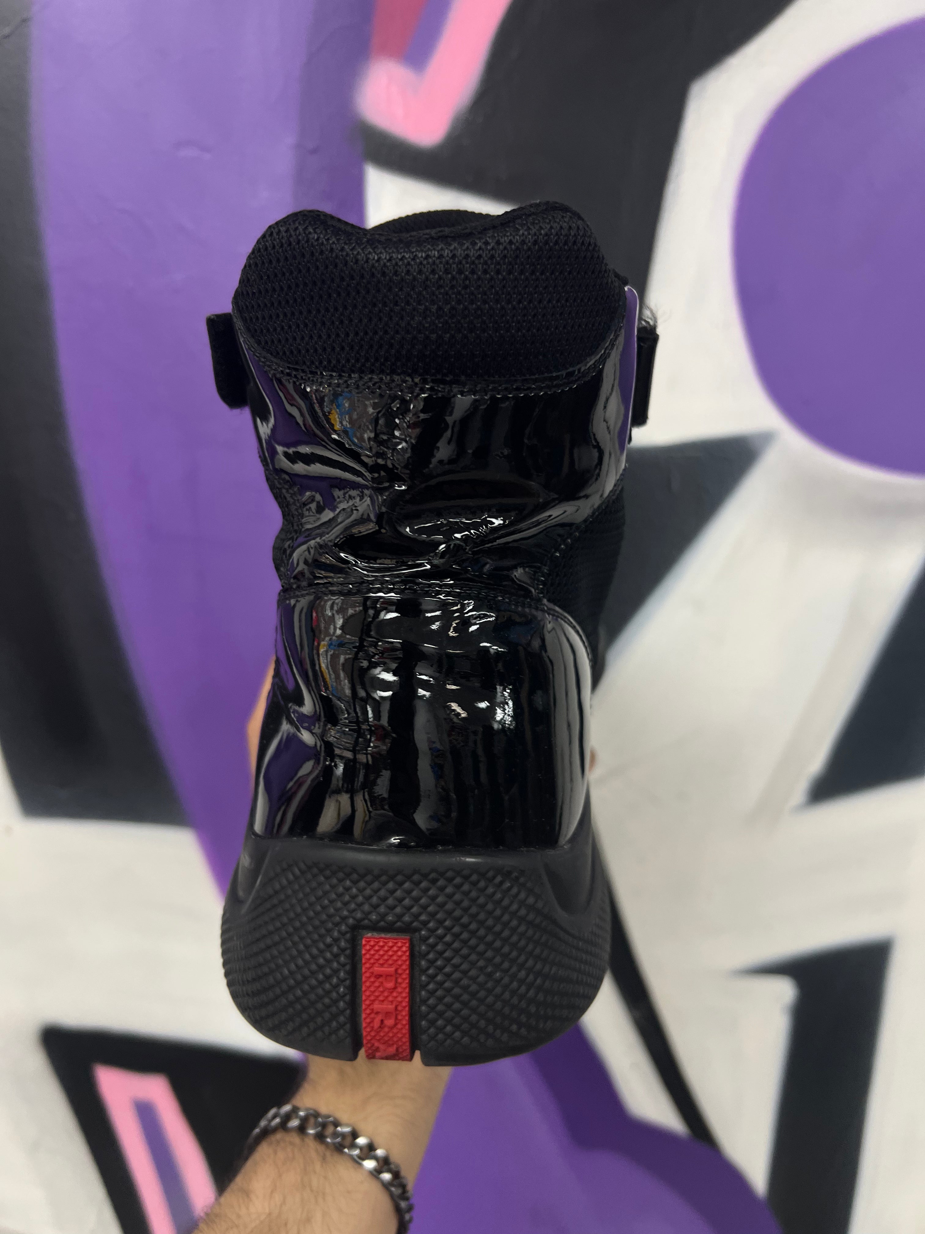 Prada Black Patent Leather Cup Hi Sneakers