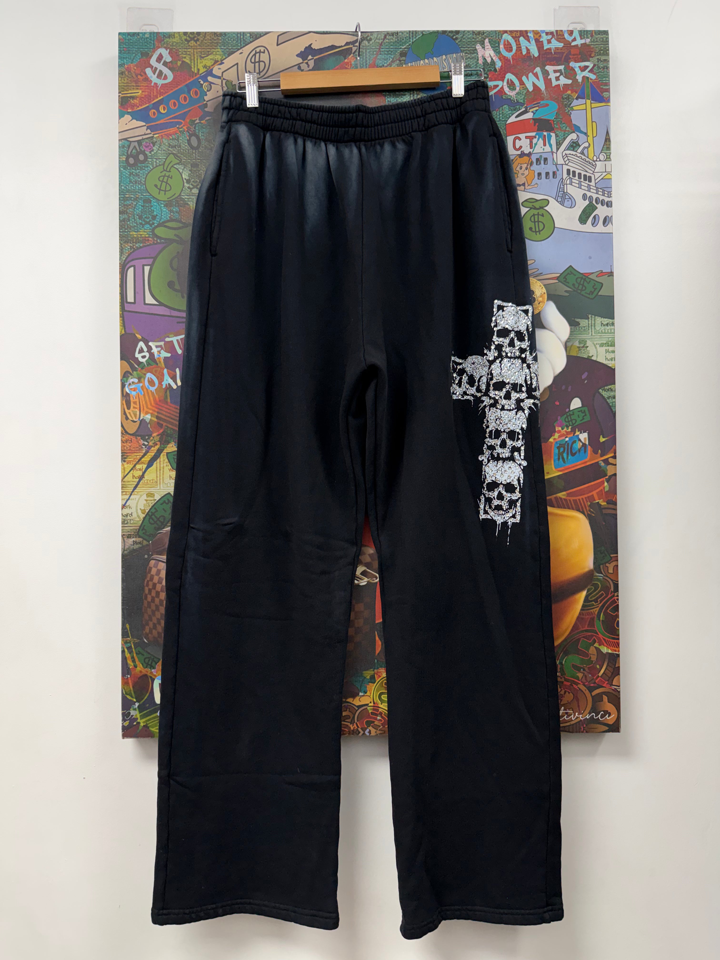 Bossi Black Skull Cross Rhinestone Sweats