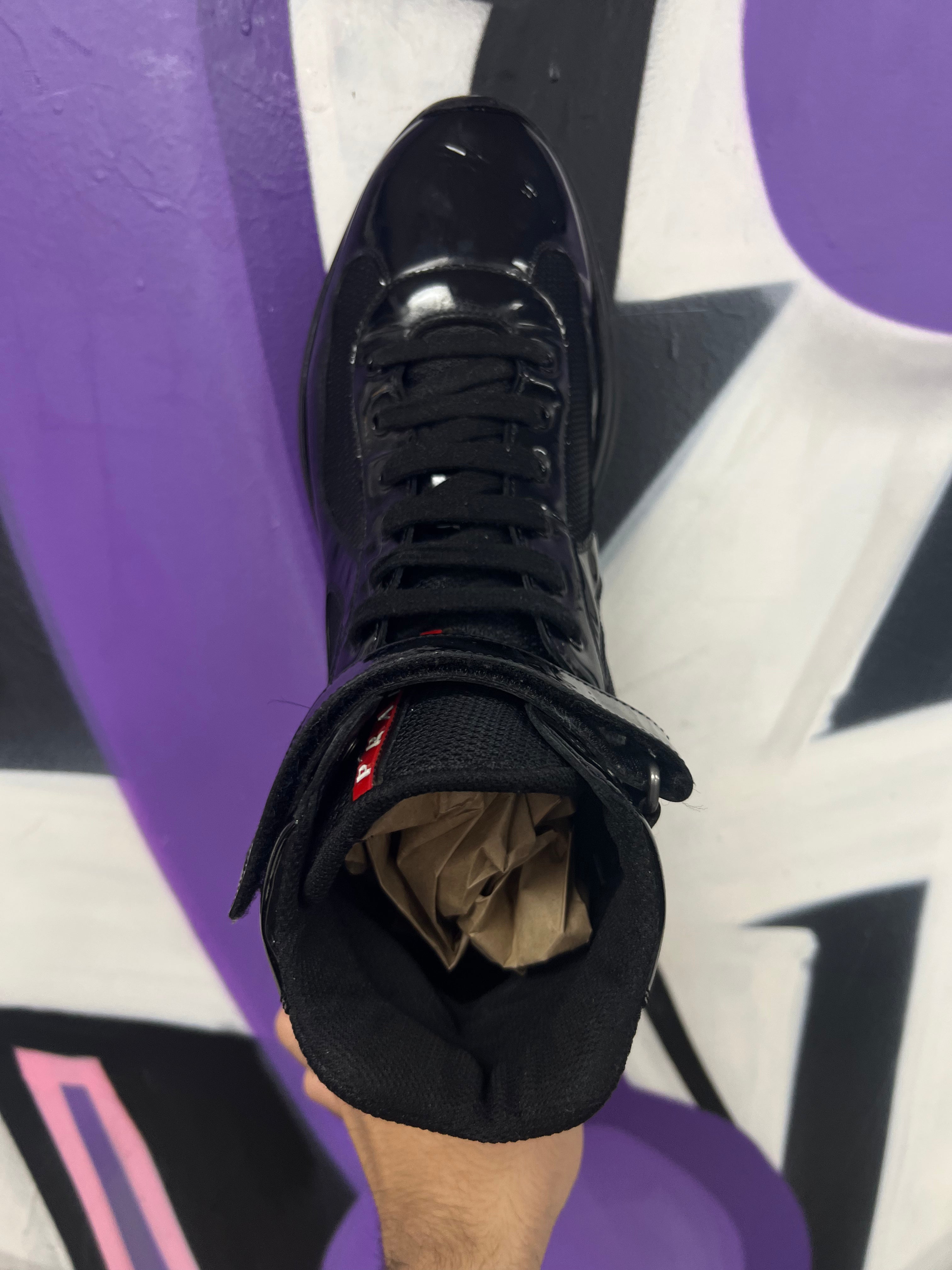 Prada Black Patent Leather Cup Hi Sneakers
