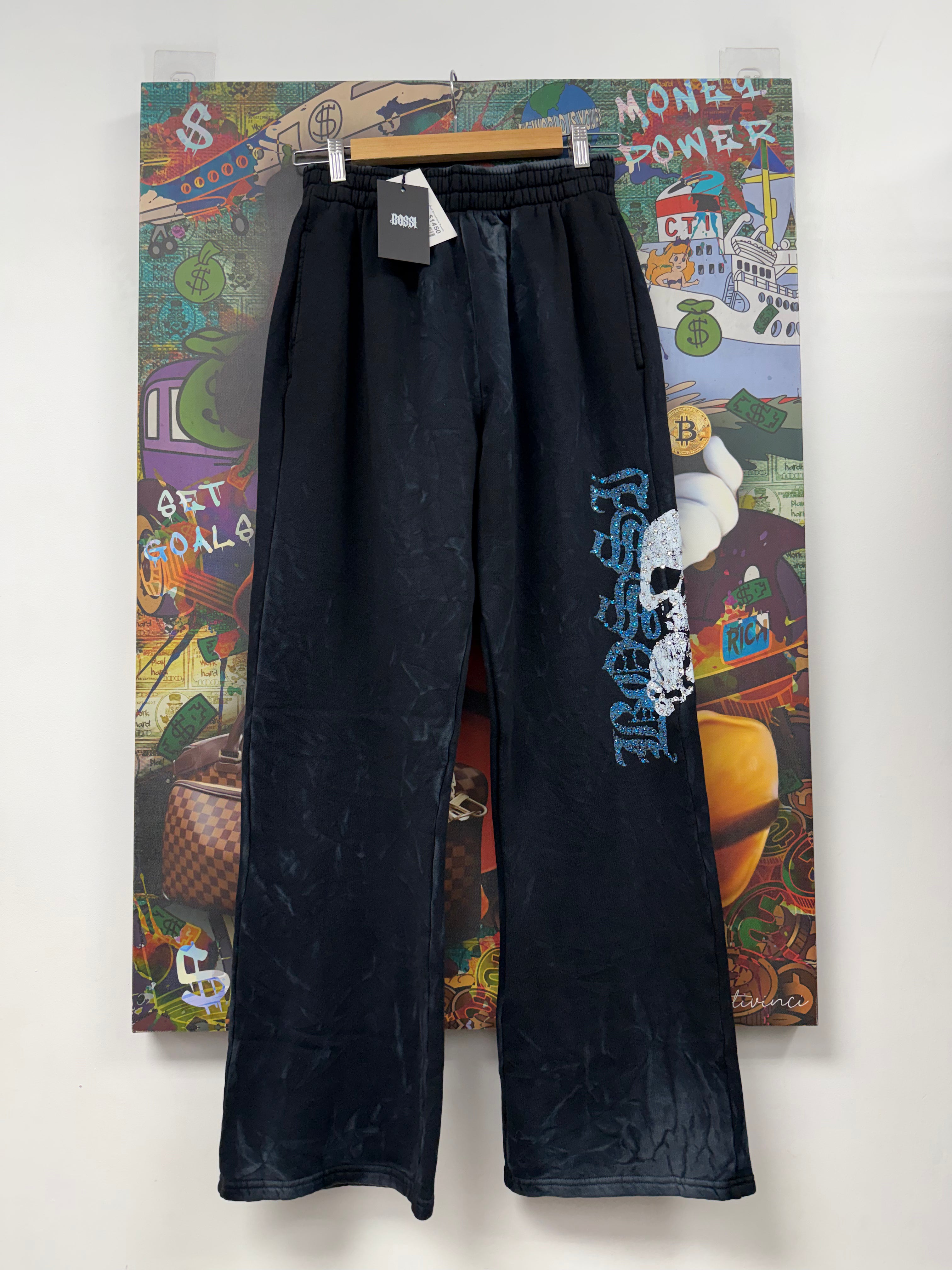 Bossi Black Blue Skull Rhinestone Sweats
