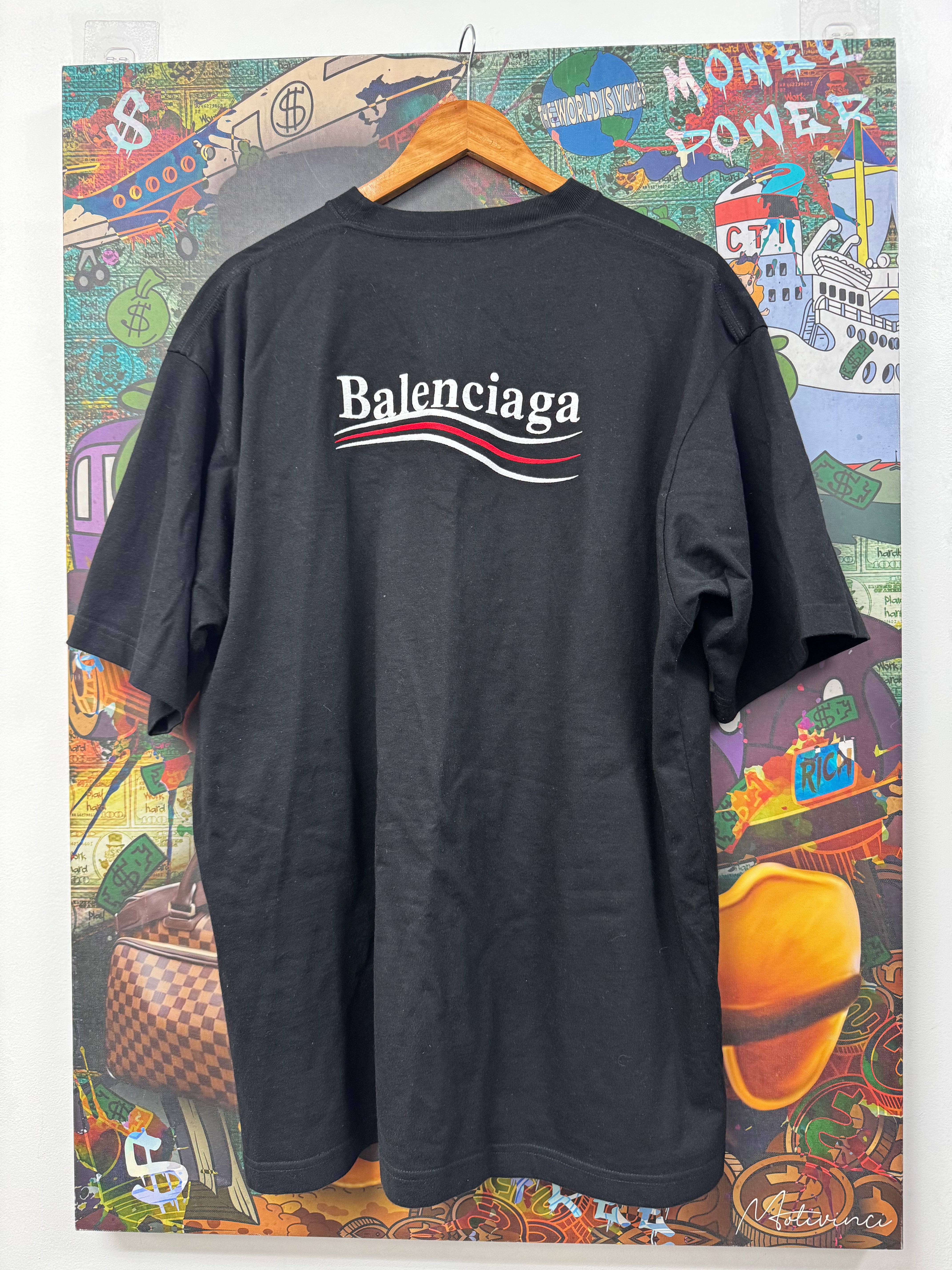 Balenciaga Black Embroidered Campaign Logo Tee