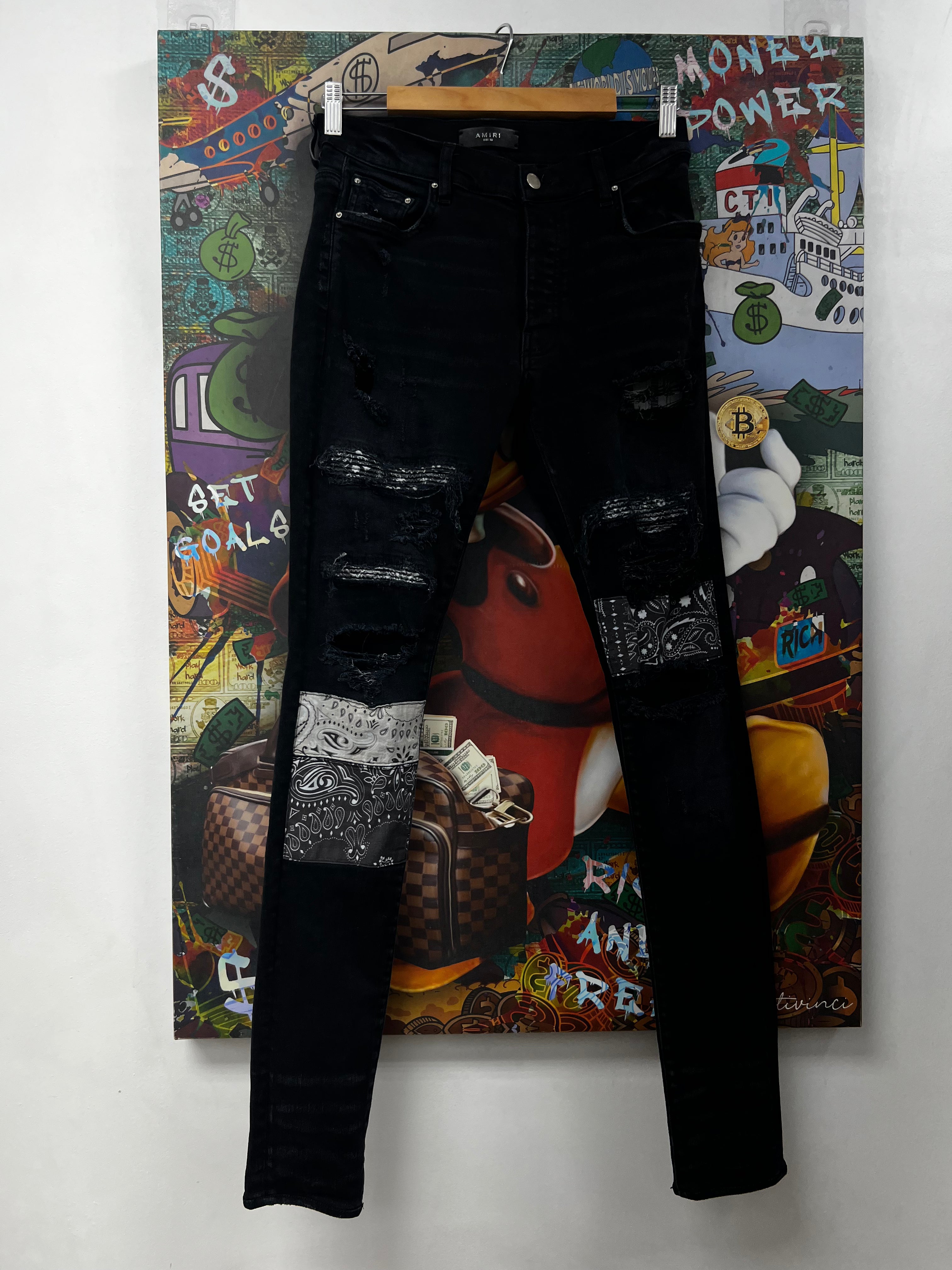 Amiri Black Wash Paisley Patchwork Jeans