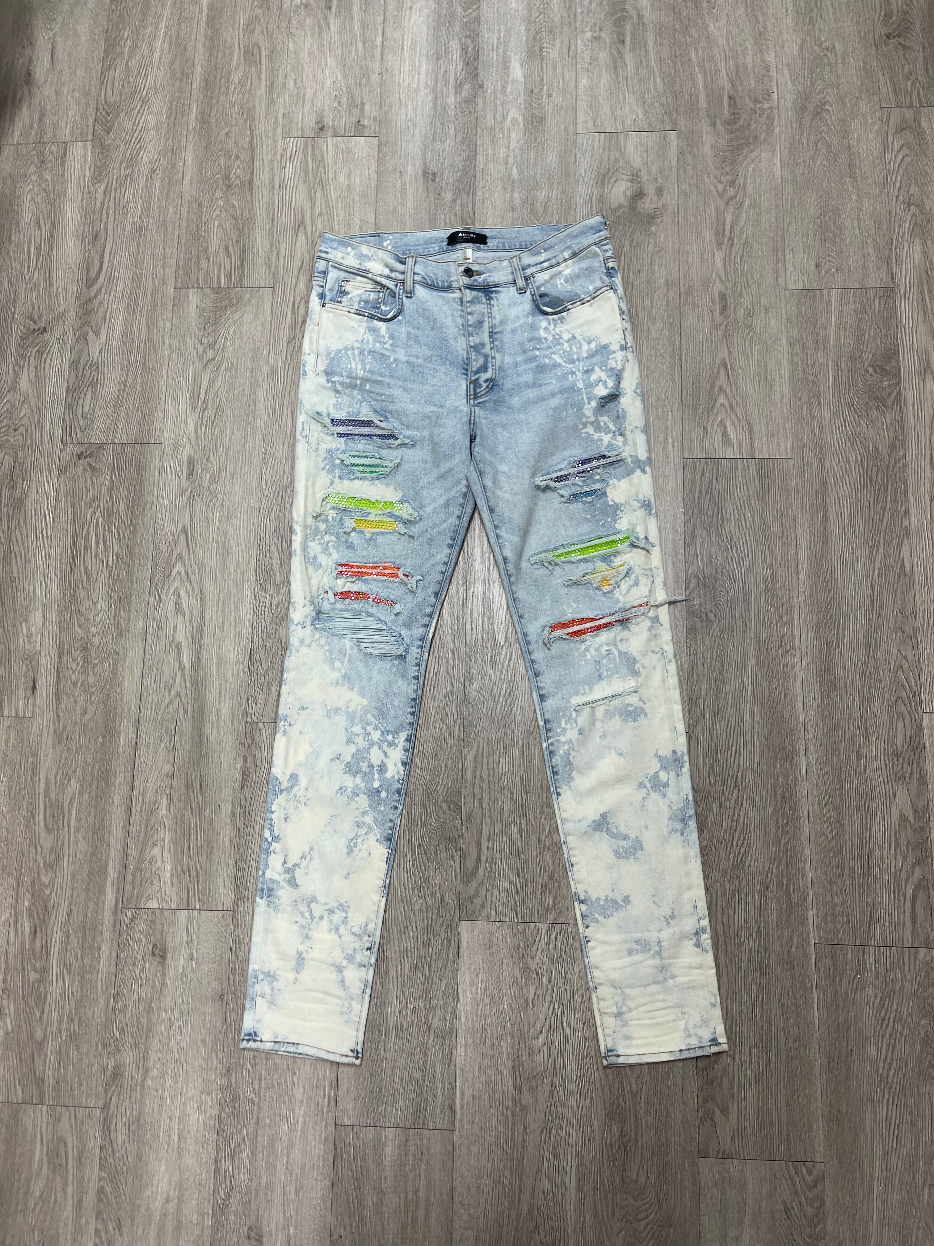 Amiri Light Wash Bleached Rainbow Crystal Jeans