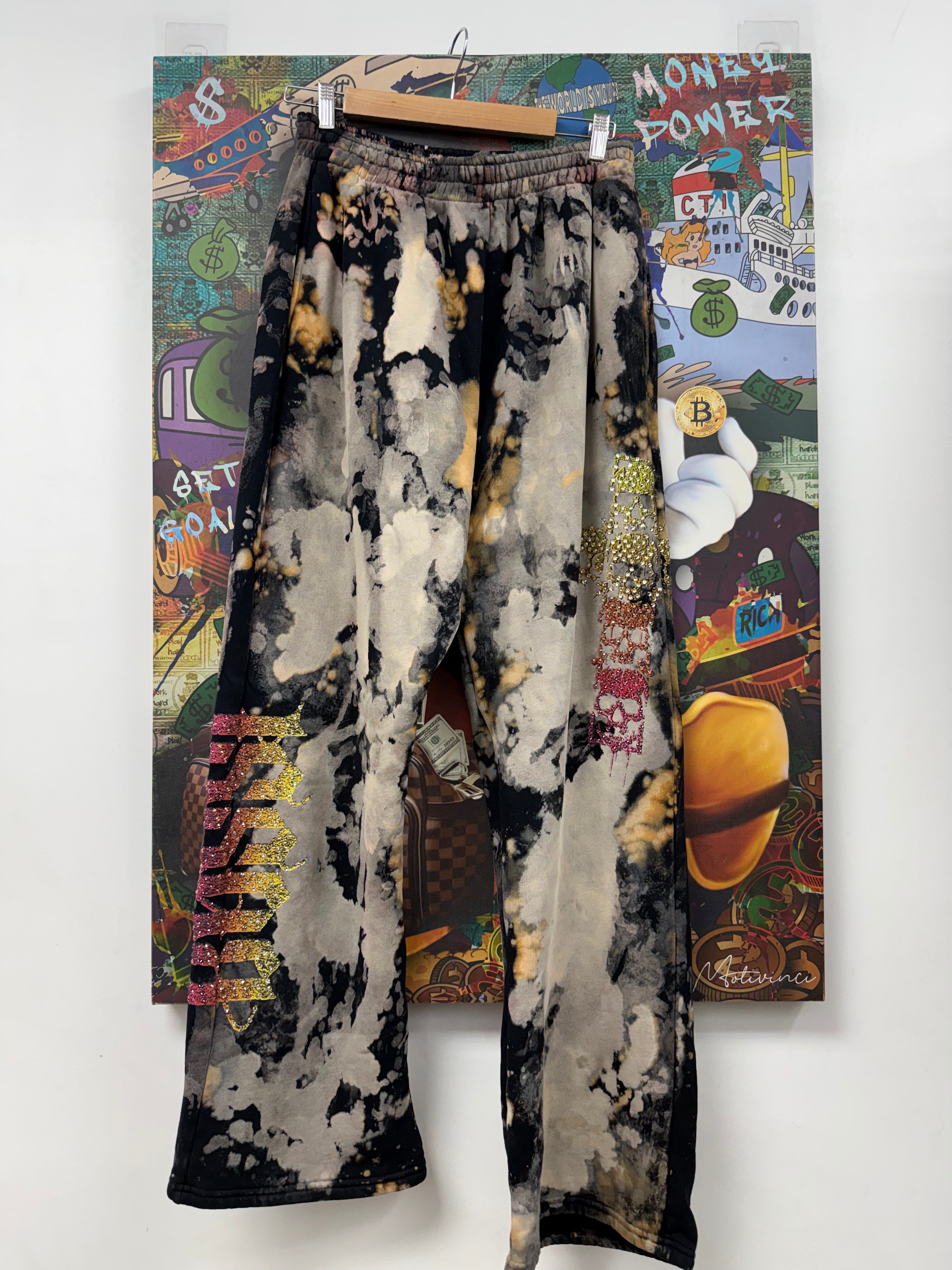 Bossi Black Tie Dye Skull Cross Rainbow Rhinestone Sweats
