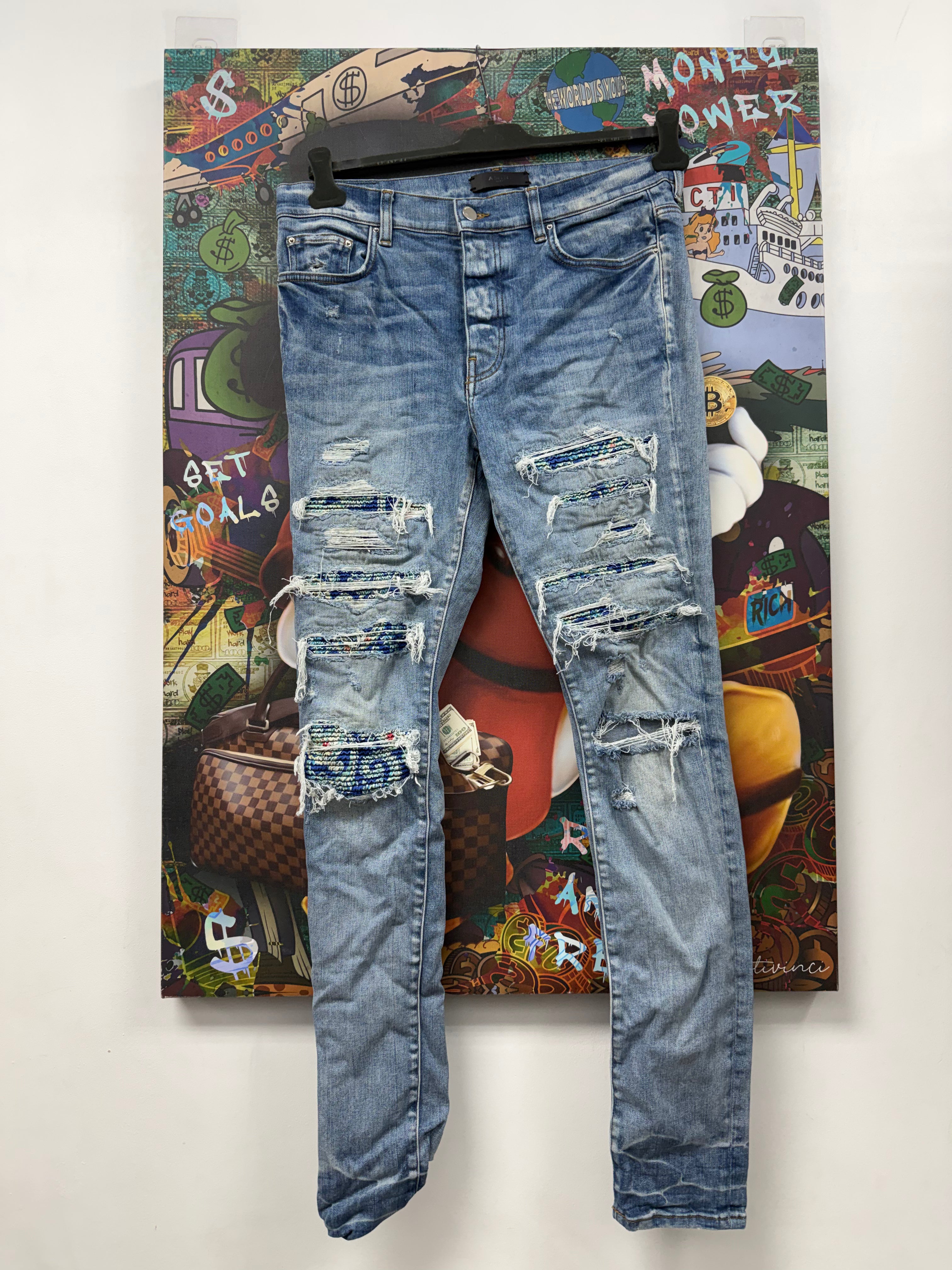 Amiri MX1 Light Wash Pajama Paisley Thrasher Patch Jeans