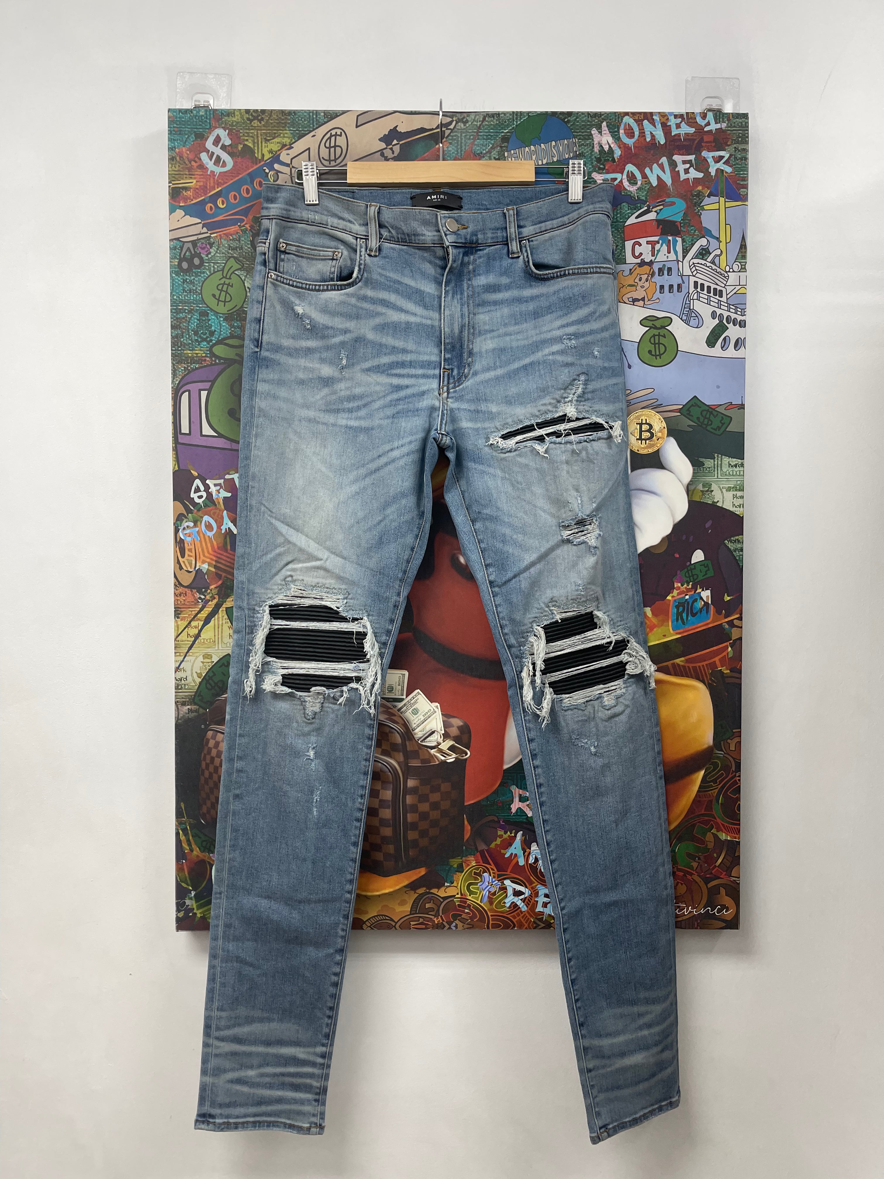 Amiri MX1 Light Wash Black Leather Patch (Zipper) Jeans