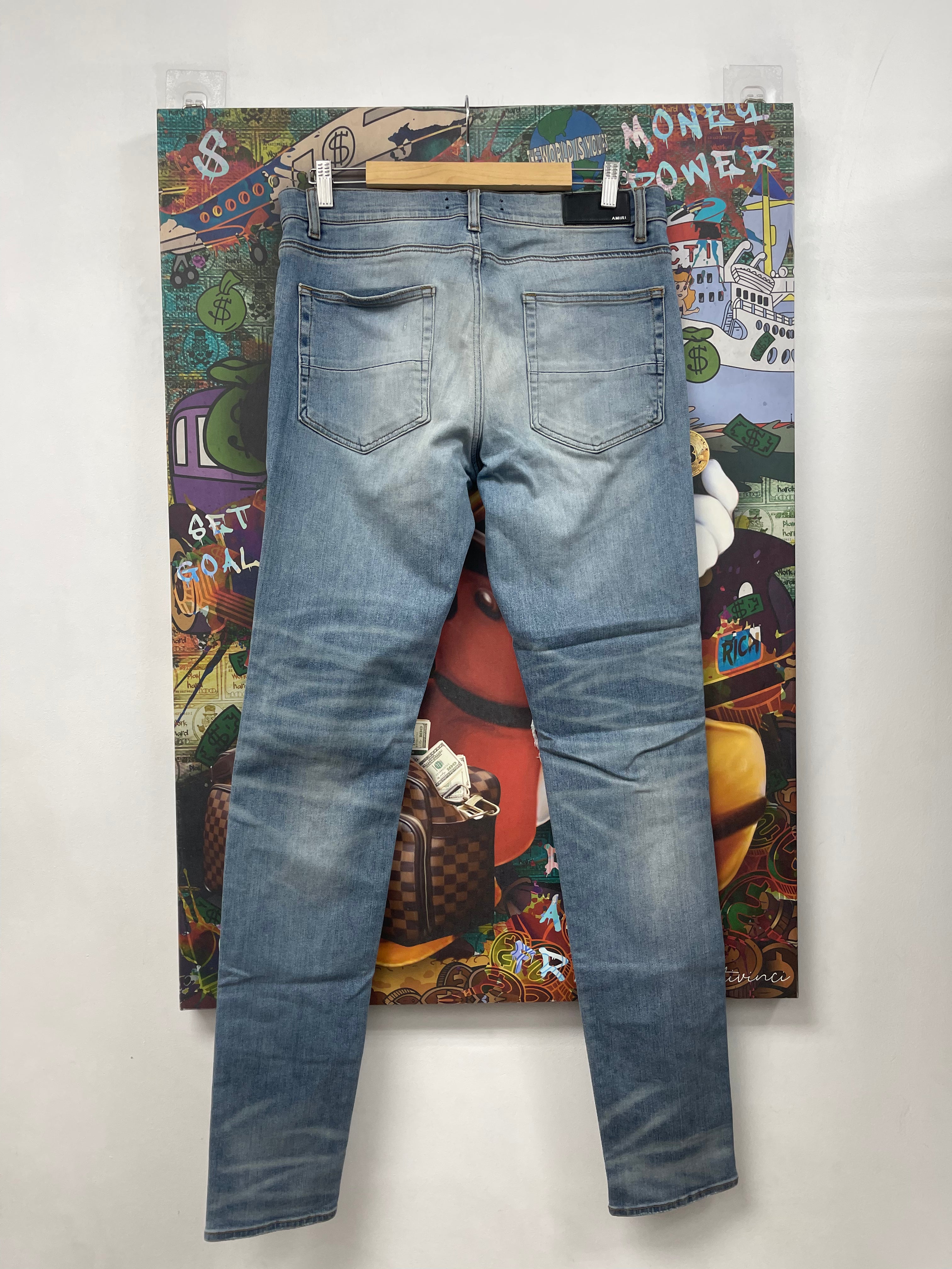 Amiri MX1 Light Wash Black Leather Patch (Zipper) Jeans