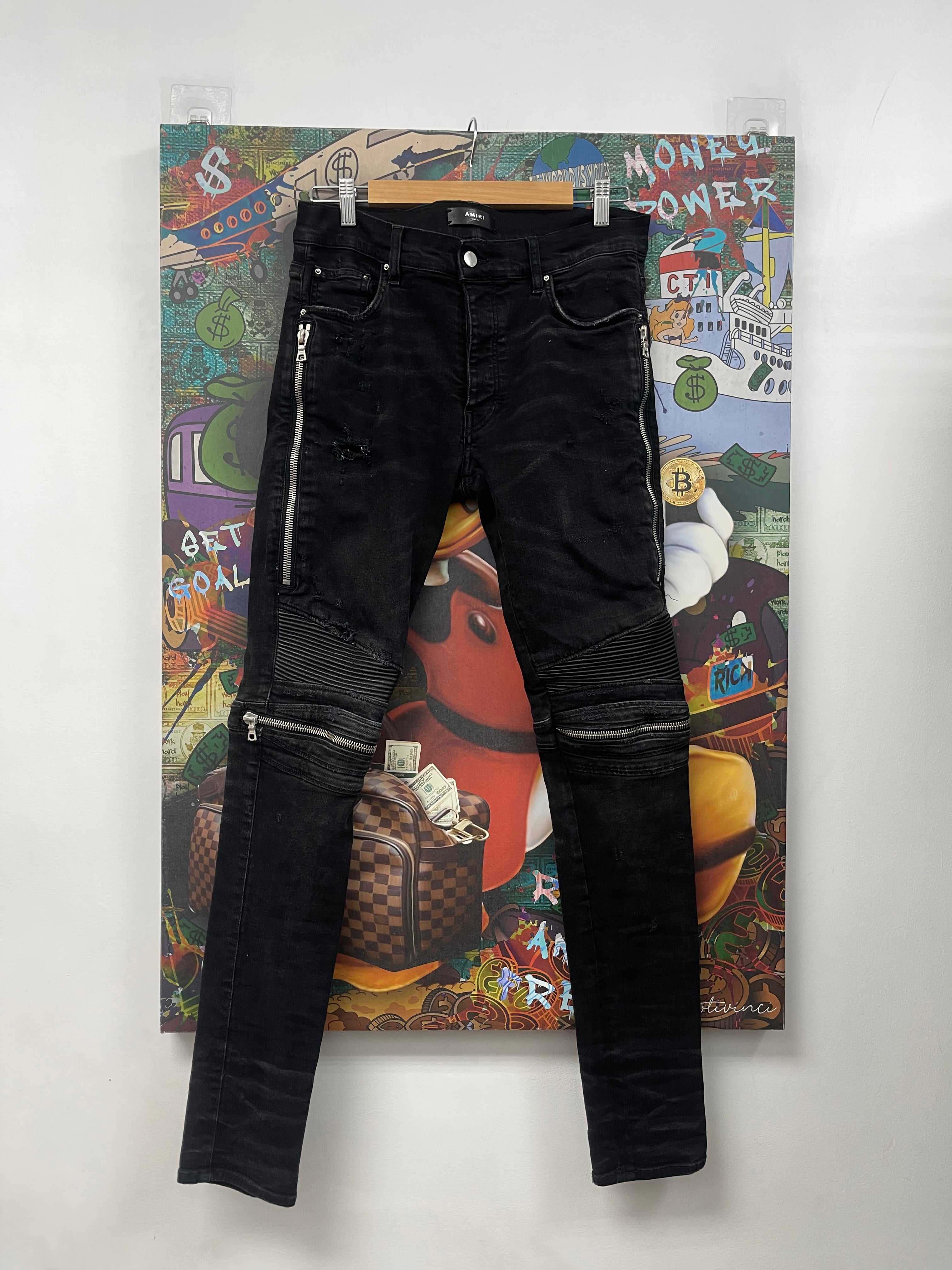 Amiri MX2 Black Black Leather Patch Jeans