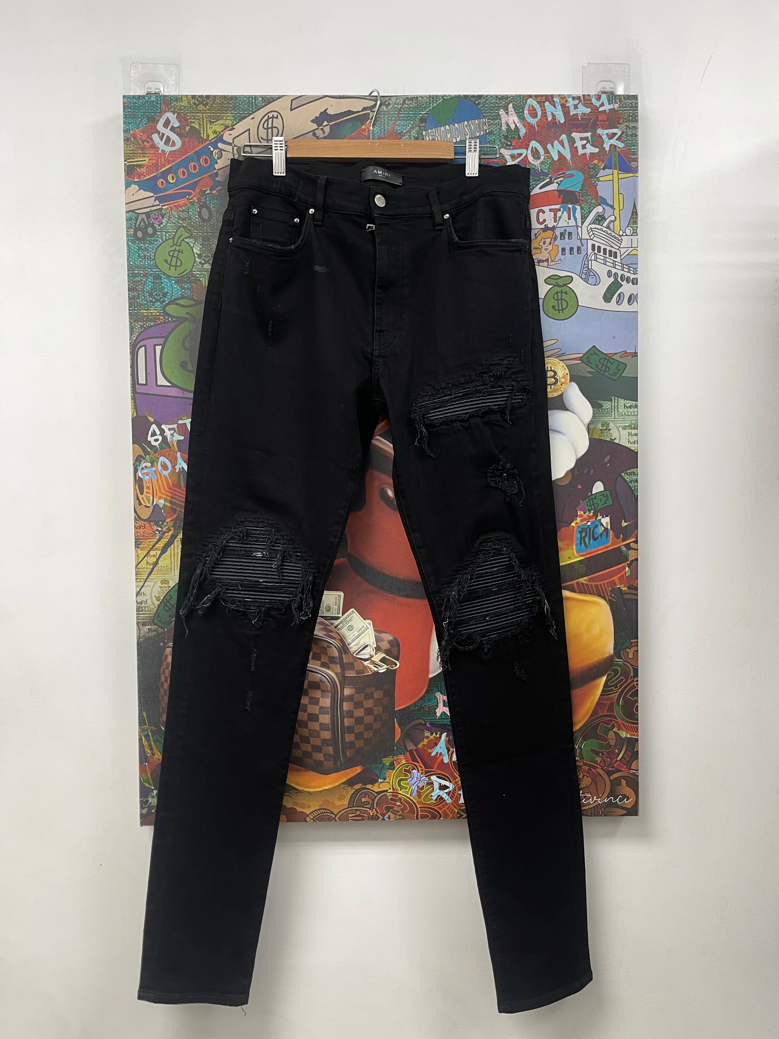 Amiri MX1 Black Black Leather Patch (Zipper) Jeans