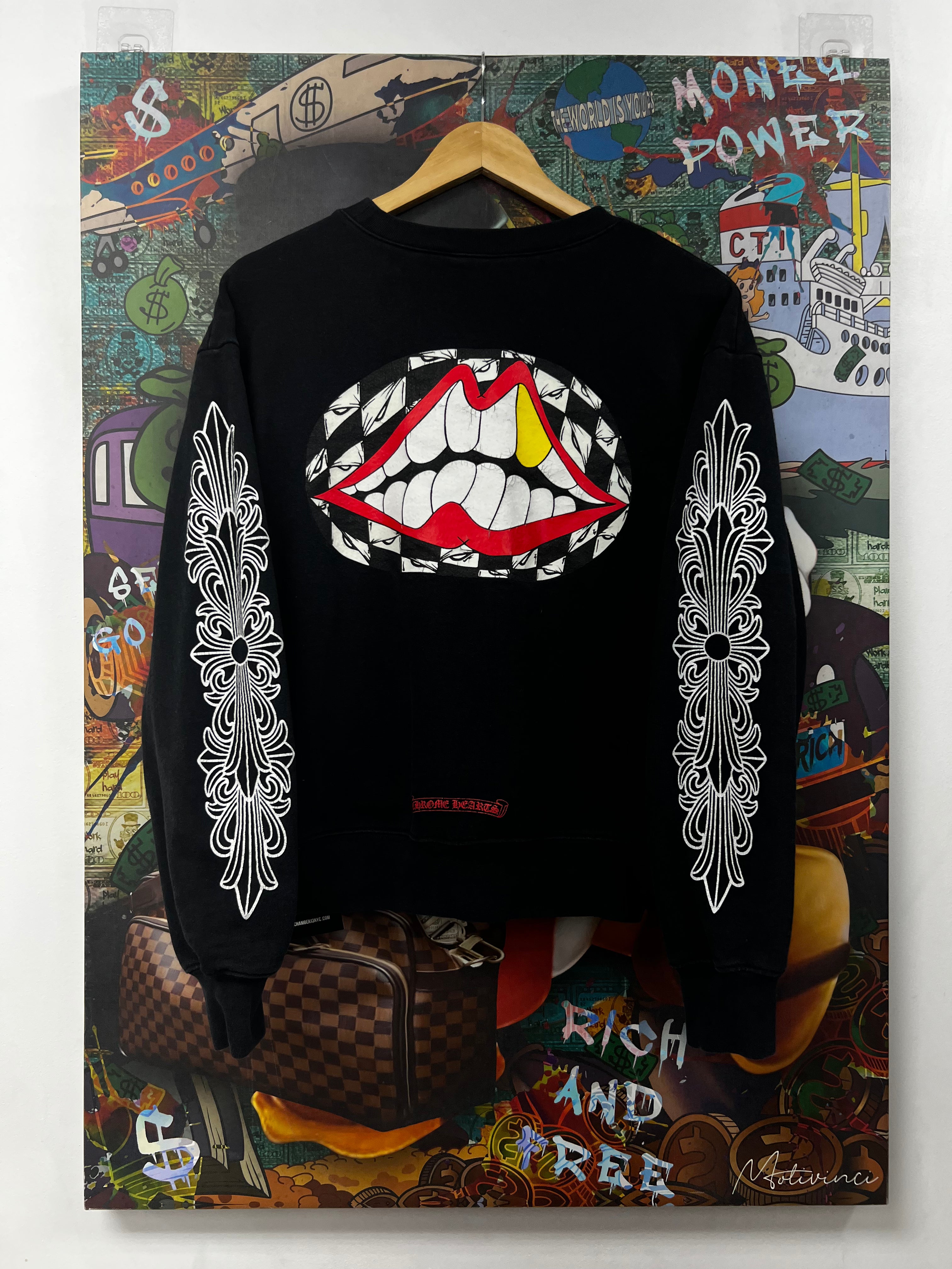 Chrome Hearts Black Matty Boy Floral Sleeve Chomper Crewneck