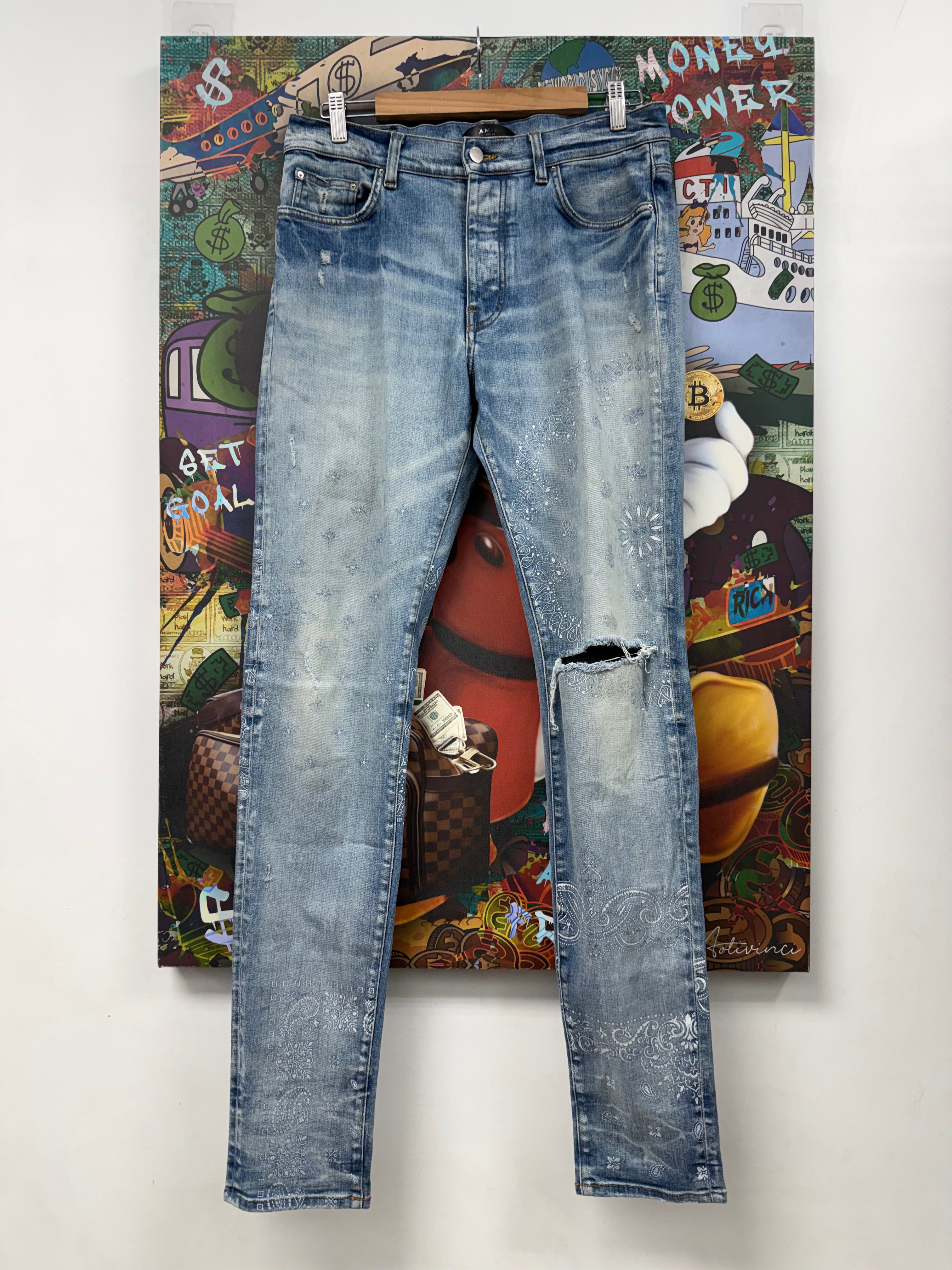 Amiri Light Wash Paisley Monogram Thrasher Ripped Jeans