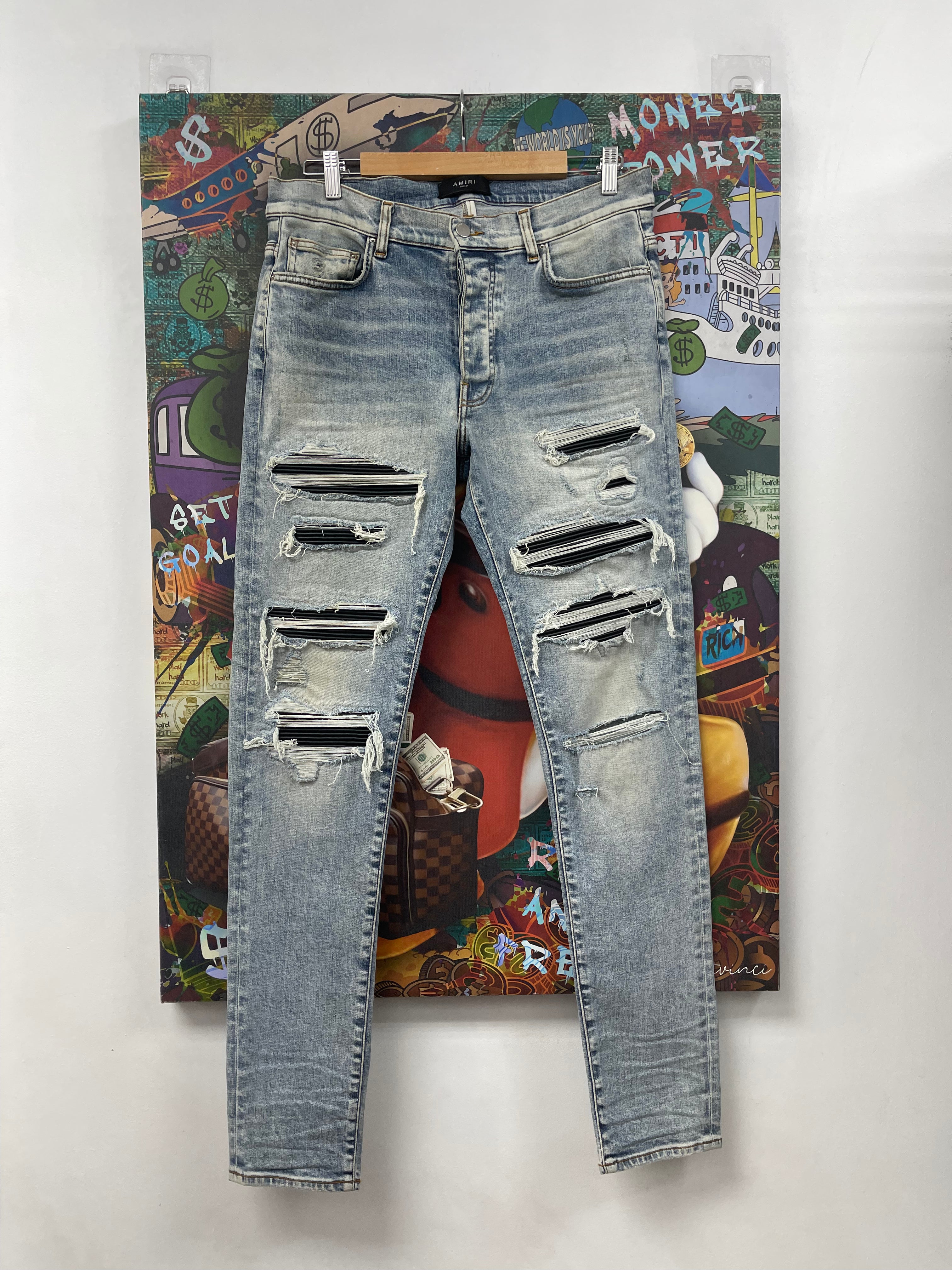 Amiri Stone Wash Black Leather Thrasher Patch Jeans