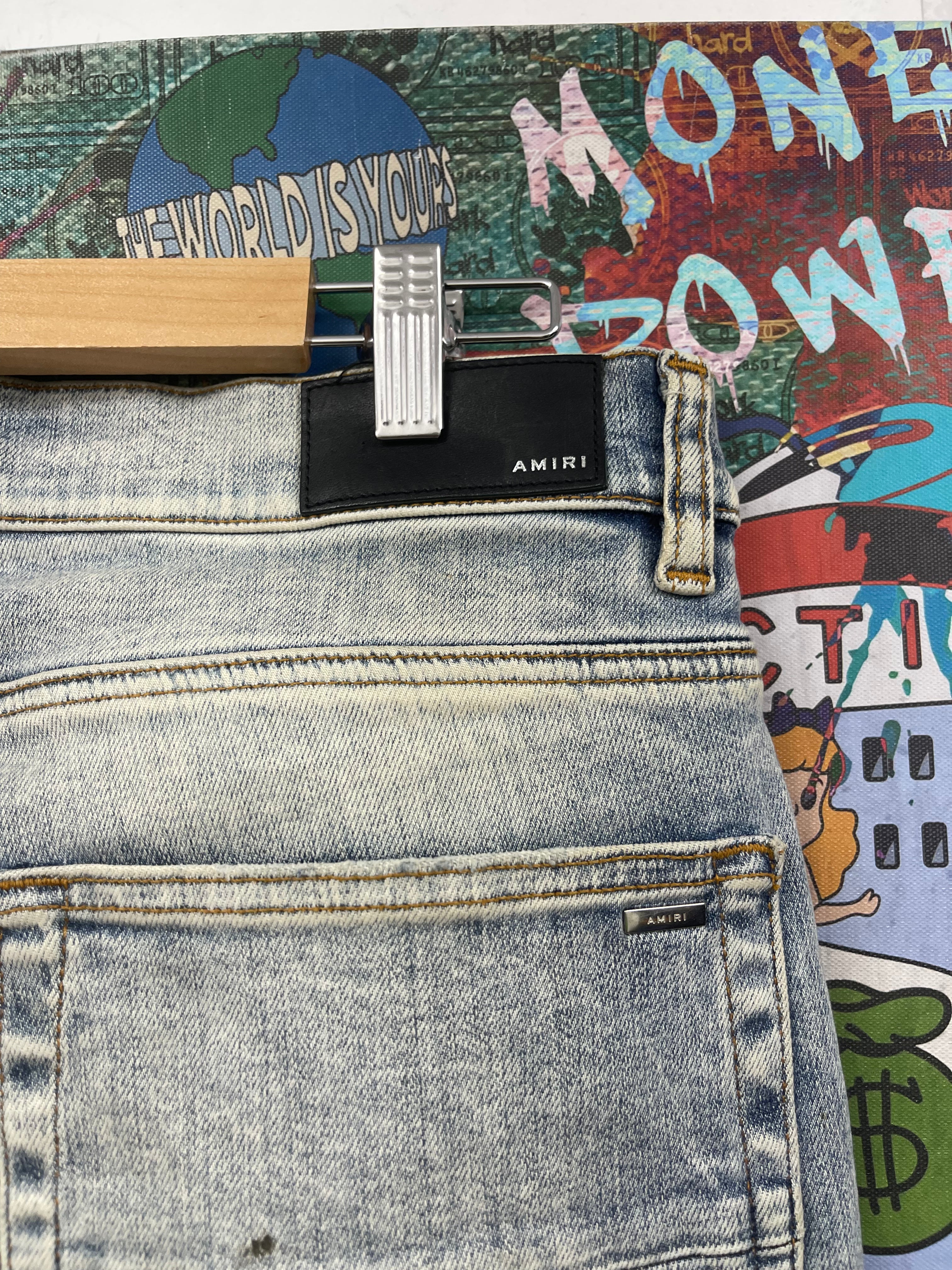 Amiri Stone Wash Black Leather Thrasher Patch Jeans