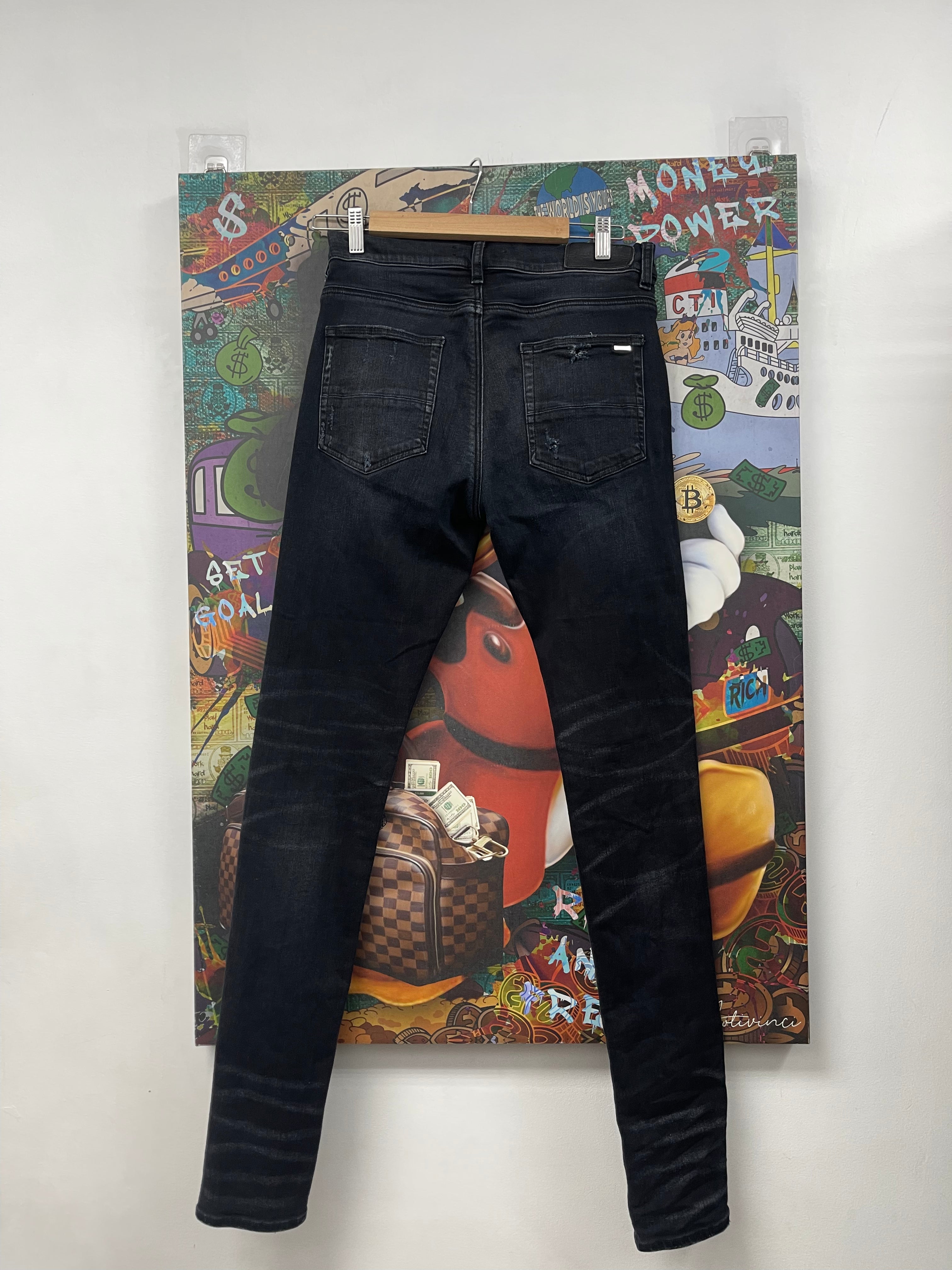 Amiri MX1 Black Wash Blue Black Flannel Patch Jeans