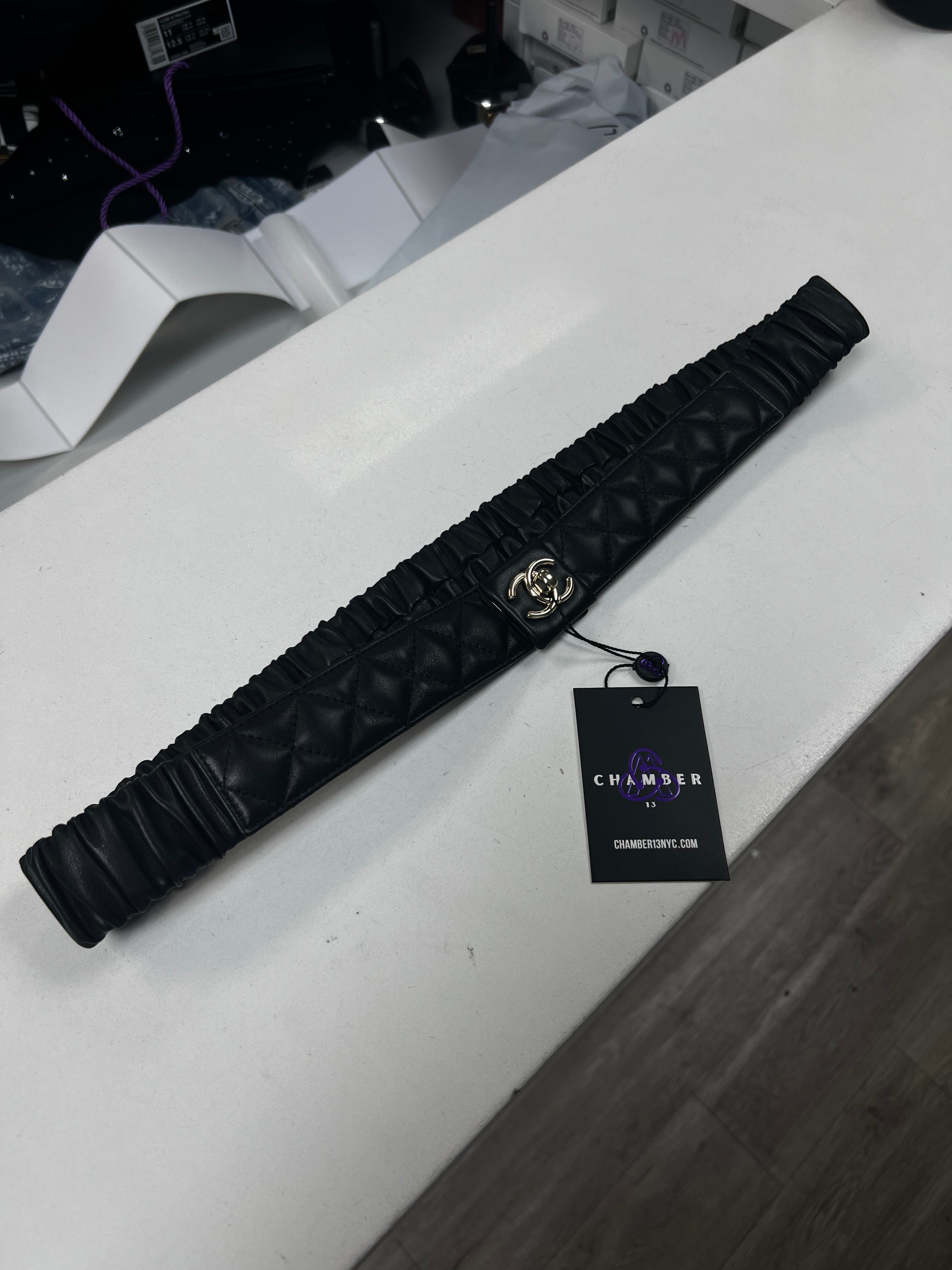 Chanel Black Gold Quilted Leather Elastic Belt