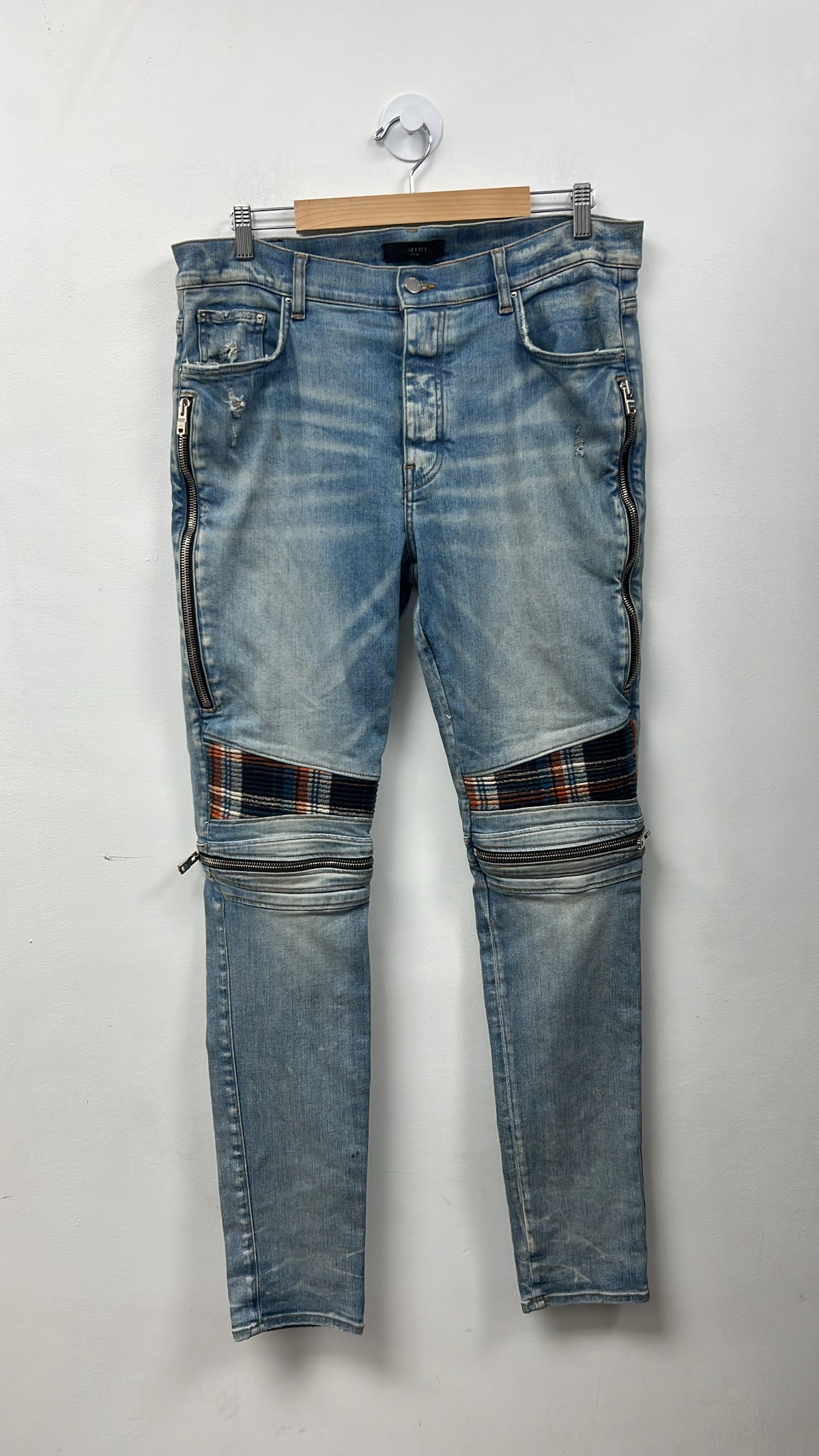 Amiri MX2 Light Wash Blue Orange Plaid Patch Jeans