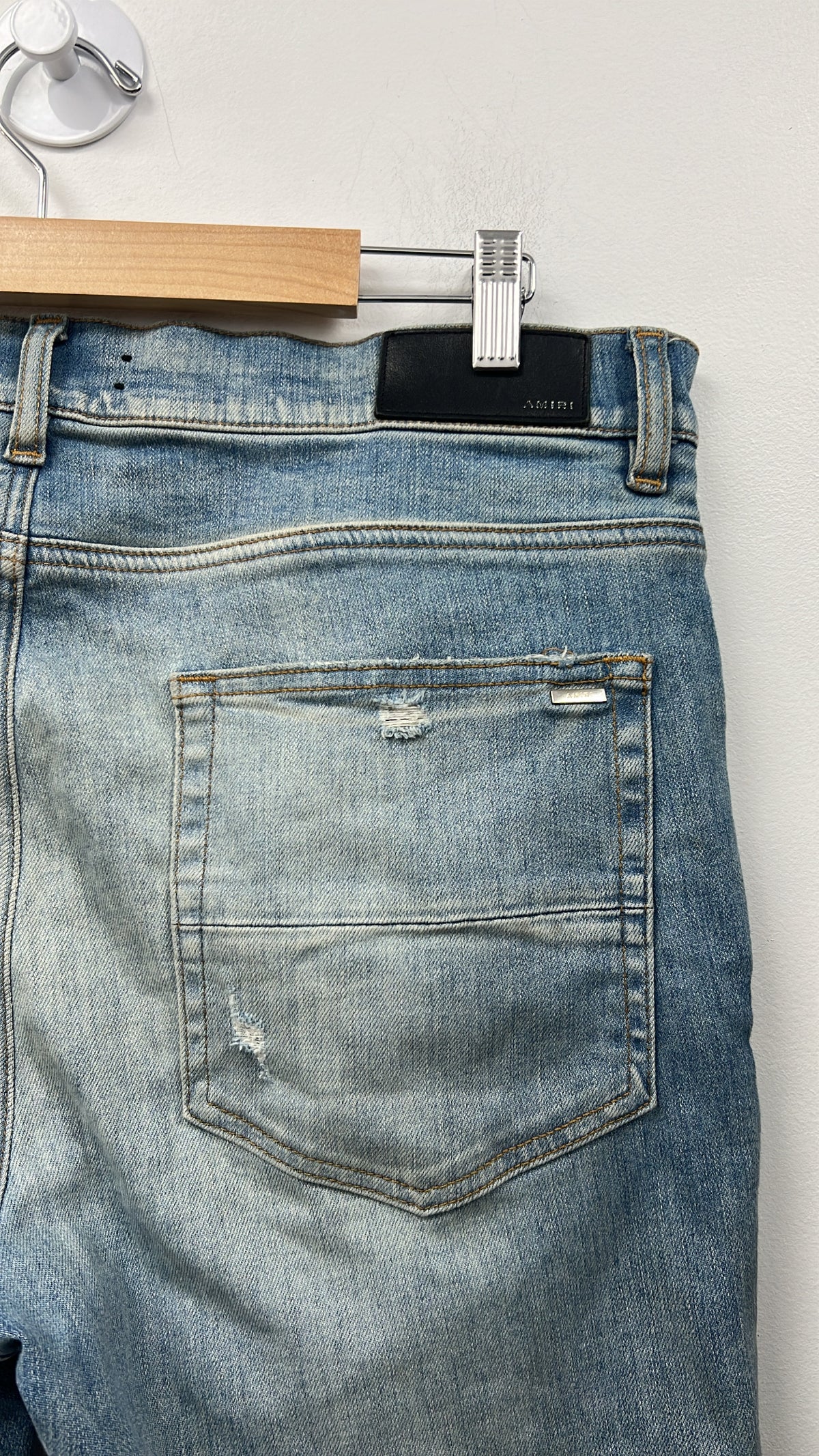 Amiri MX2 Light Wash Blue Orange Plaid Patch Jeans