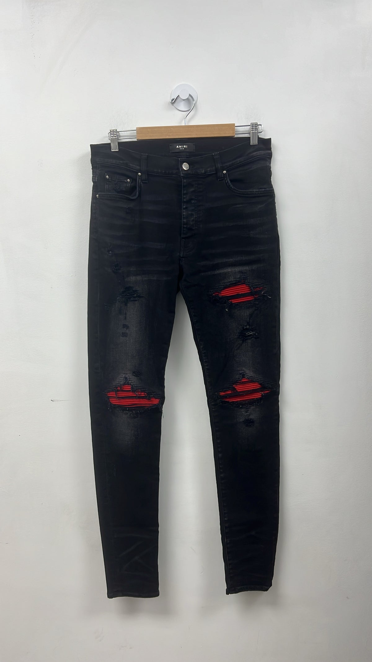 Amiri MX1 Black Wash Red Suede Patch Jeans