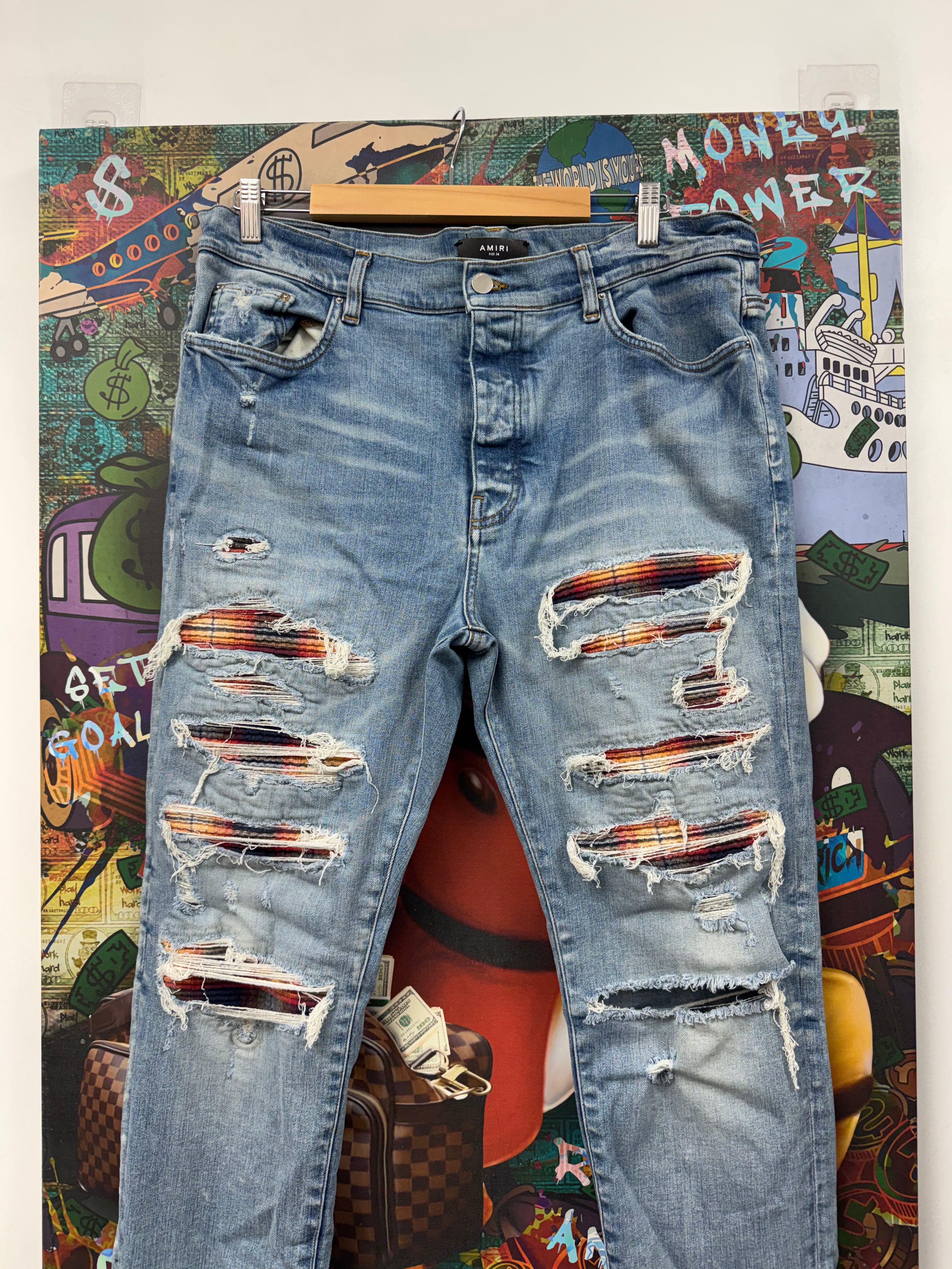 Amiri Light Wash Sunset Plaid Thrasher Jeans
